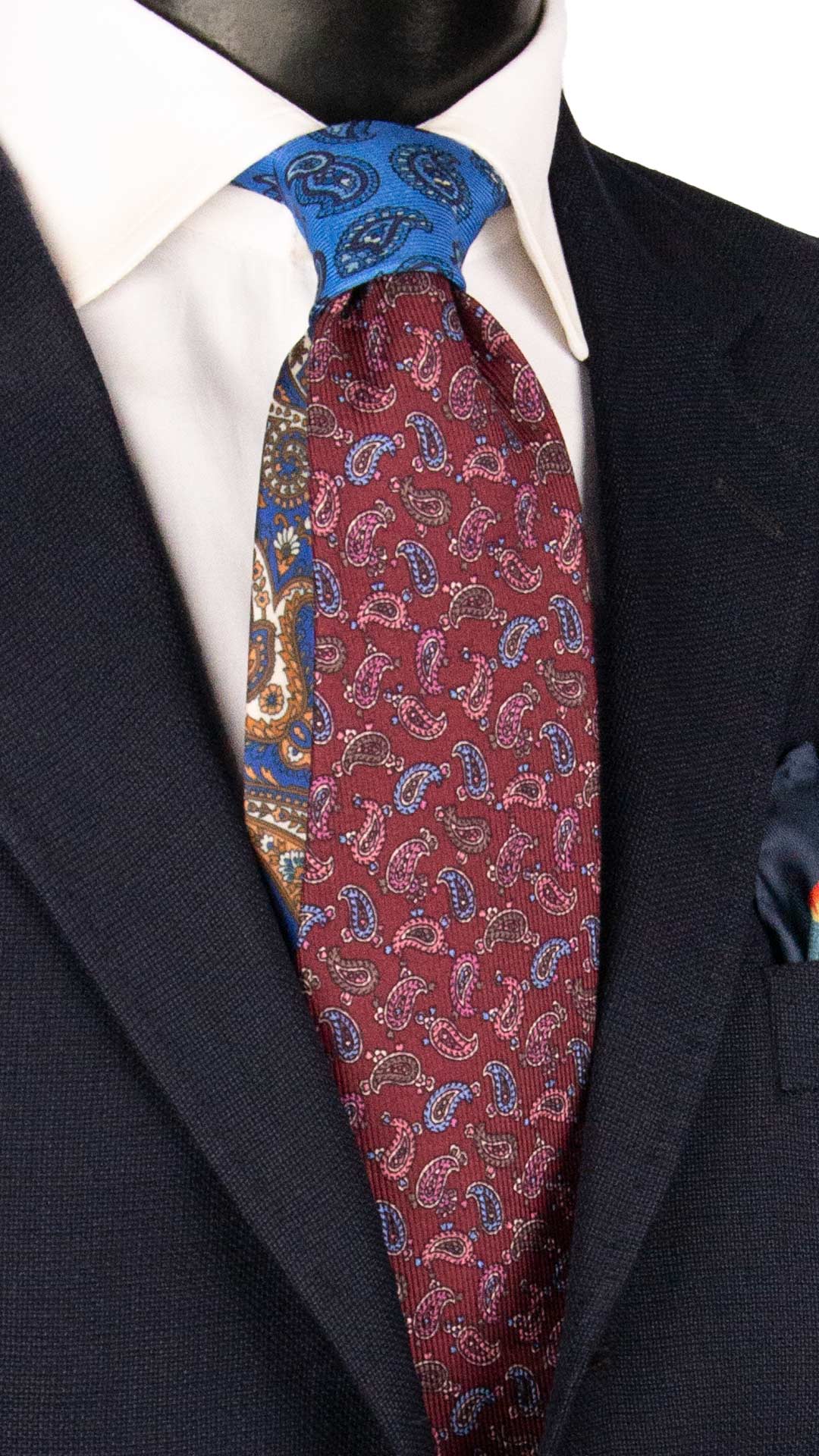 Cravatta in Saia di Seta Bordeaux Paisley Multicolor Nodo in Contrasto Bluette Paisley Tono su Tono Blu Bianco N3497 Made in Italy Graffeo Cravatte