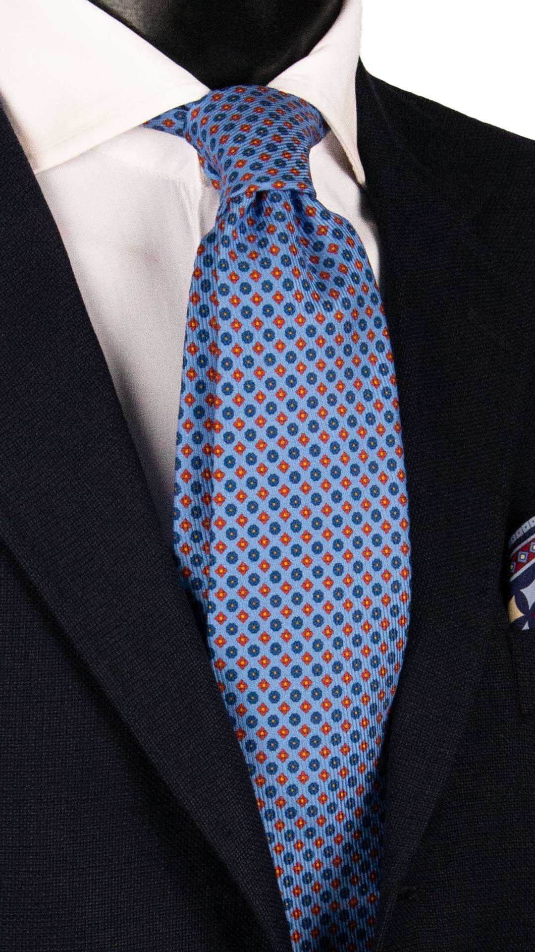 Cravatta in Saia di Seta Celeste Fantasia Arancione Avio Giallo SA72 Made in Italy Graffeo Cravatte