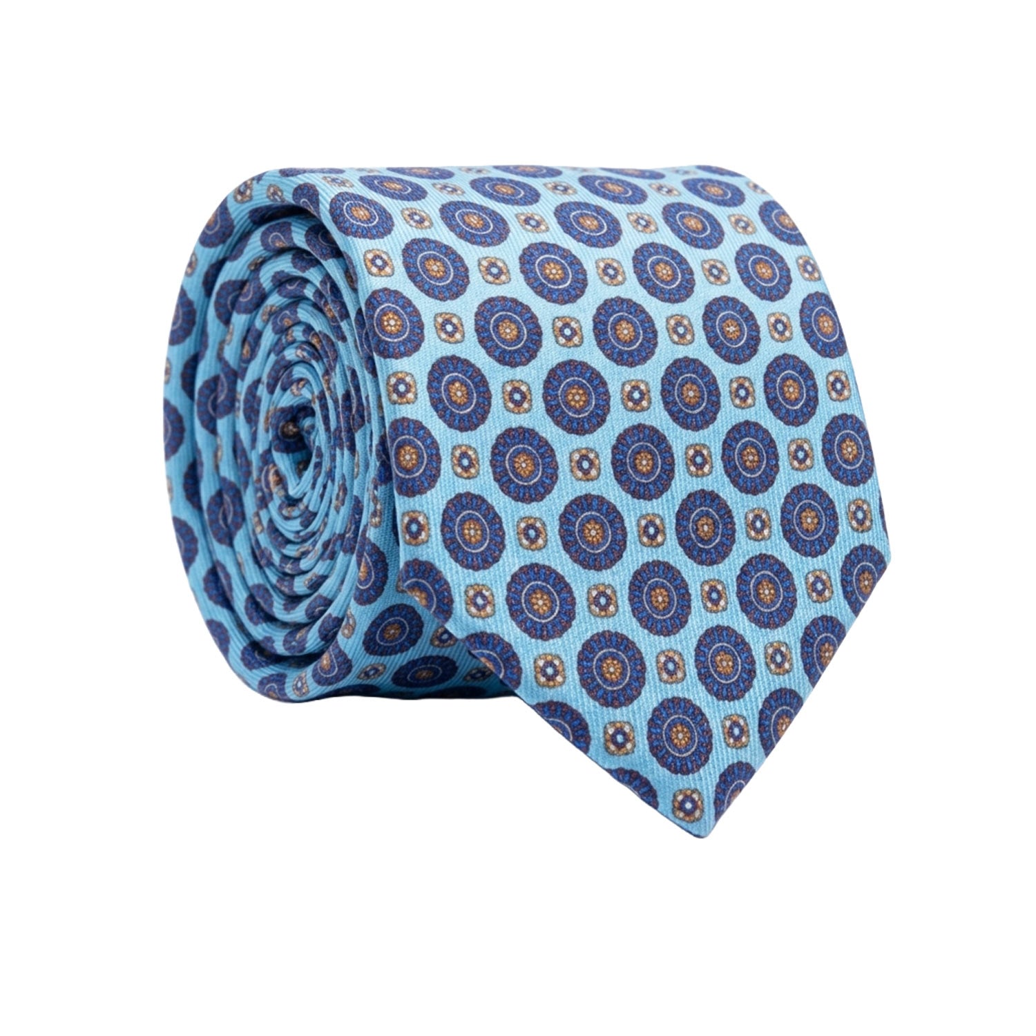 Cravatta in Saia di Seta Celeste Fantasia Rossa Bluette Giallo Oro SA34 Graffeo Cravatte Made in Italy Rotolo