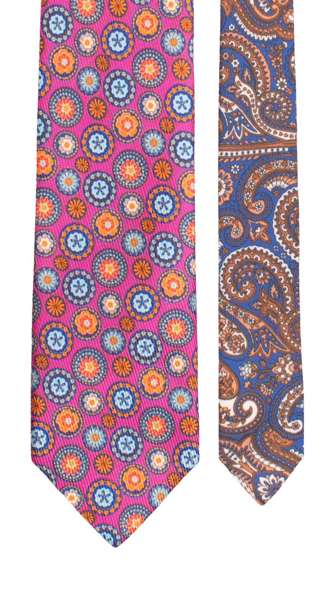 Cravatta in Saia di Seta Fucsia a Fiori Multicolor Nodo in Contrasto Arancione Fluo Paisley Blu Giallo Bianco N3500 Made in Italy Graffeo Cravatte Pala