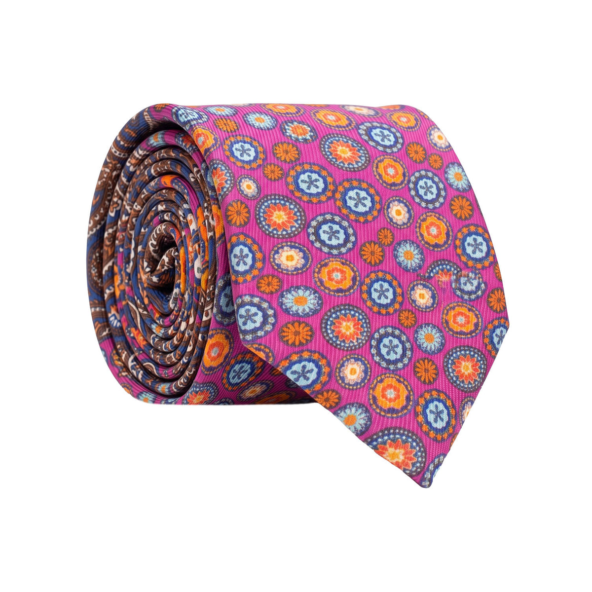 Cravatta in Saia di Seta Fucsia a Fiori Multicolor Nodo in Contrasto Arancione Fluo Paisley Blu Giallo Bianco N3500 Made in Italy Graffeo Cravatte Rotolo