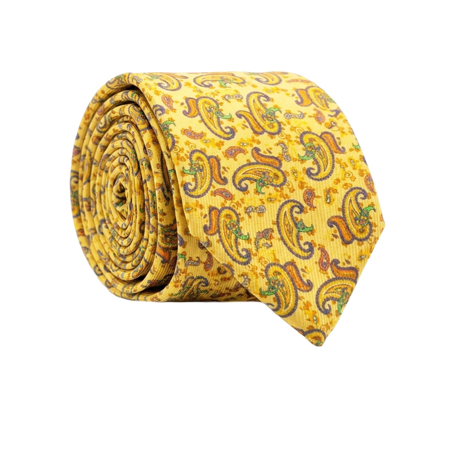 Cravatta in Saia di Seta Gialla Paisley Arancione Verde Blu SA35 Made in Italy Graffeo Cravatte Rotolo