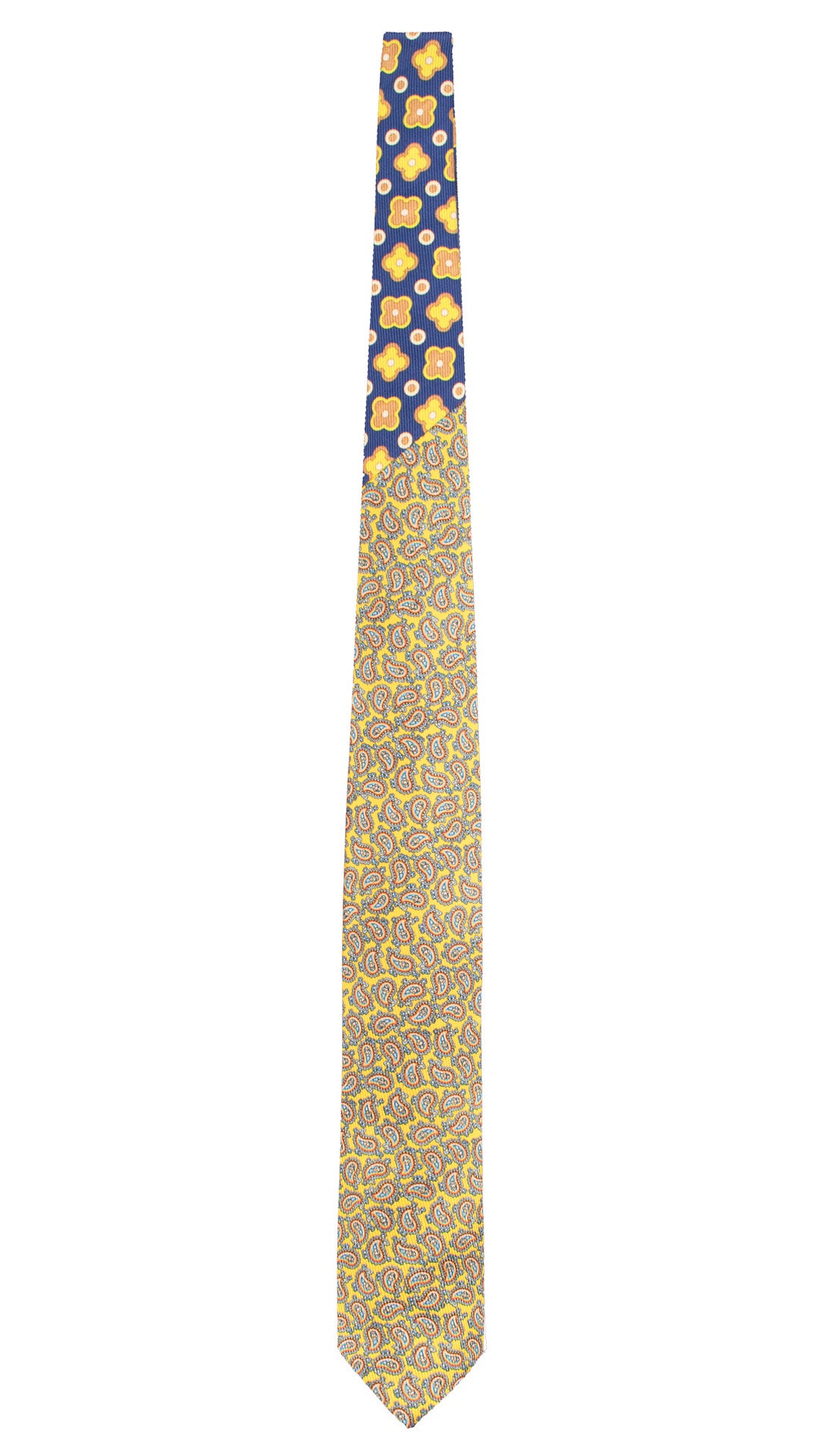 Cravatta in Saia di Seta Gialla Paisley Multicolor Nodo in Contrasto Indaco Fantasia Beige Giallo Fluo Crema N3478 Made in Italy Graffeo Cravatte Intera