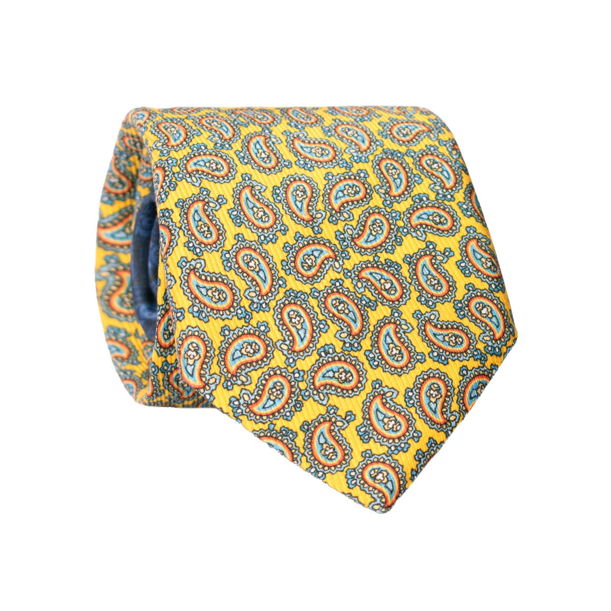 Cravatta in Saia di Seta Gialla Paisley Multicolor Nodo in Contrasto Indaco Fantasia Beige Giallo Fluo Crema N3478 Made in Italy Graffeo Cravatte Rotolo