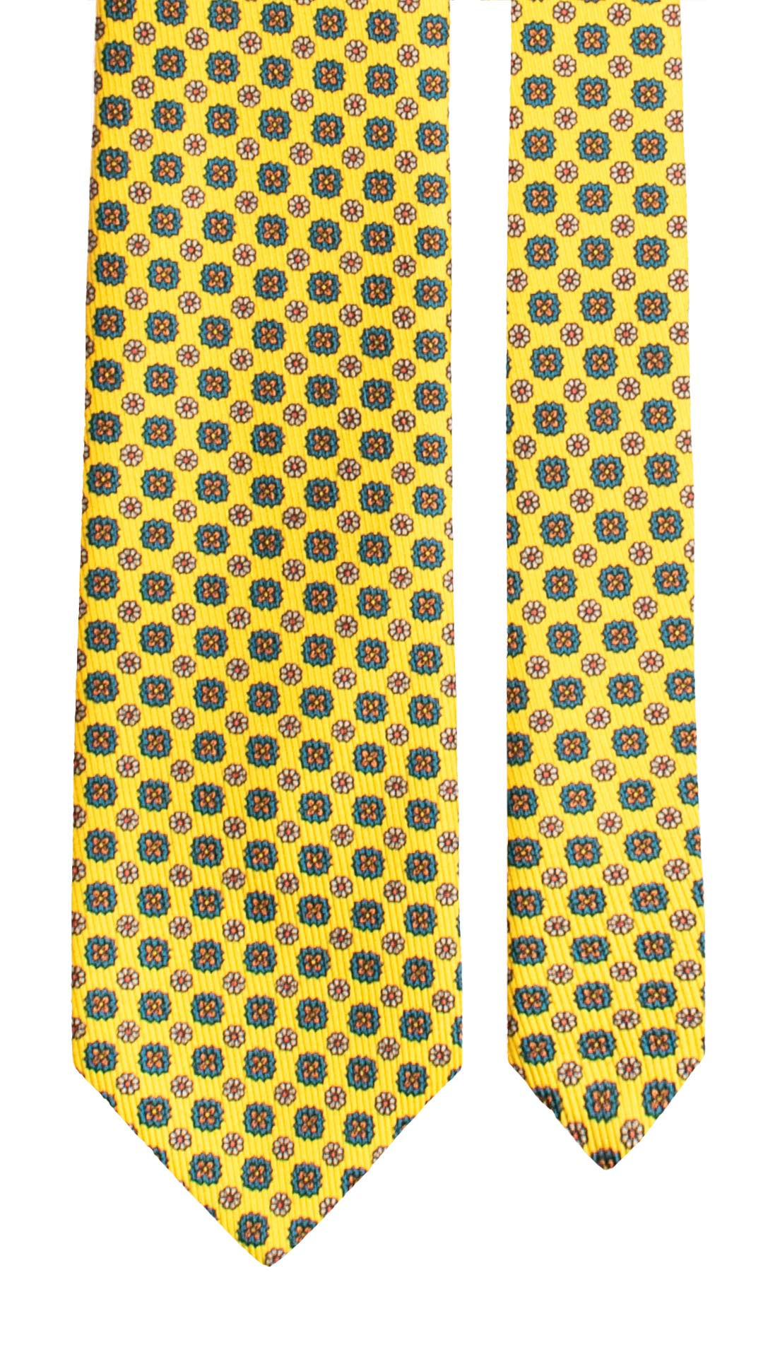 Cravatta in Saia di Seta Gialla a Fiori Arancioni Blu Petrolio Grigio SA83 Made in Italy Graffeo Cravatte Intera
