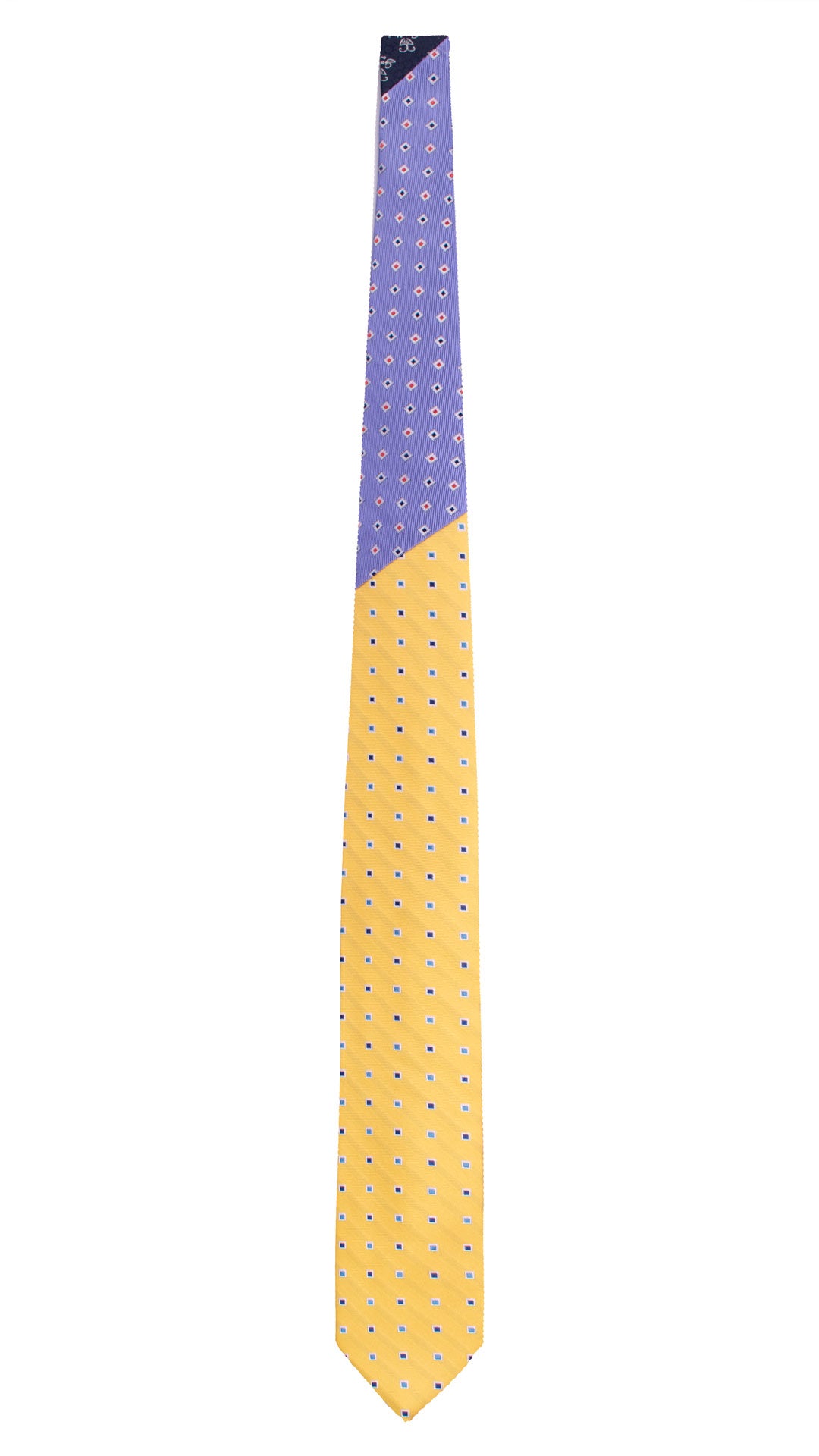 Cravatta in Saia di Seta Giallo Fantasia Bluette Celeste Bianco Nodo in Contrasto Indaco Fantasia Arancione Bluette Bianco N3401 Made in Italy Graffeo Cravatte Intera