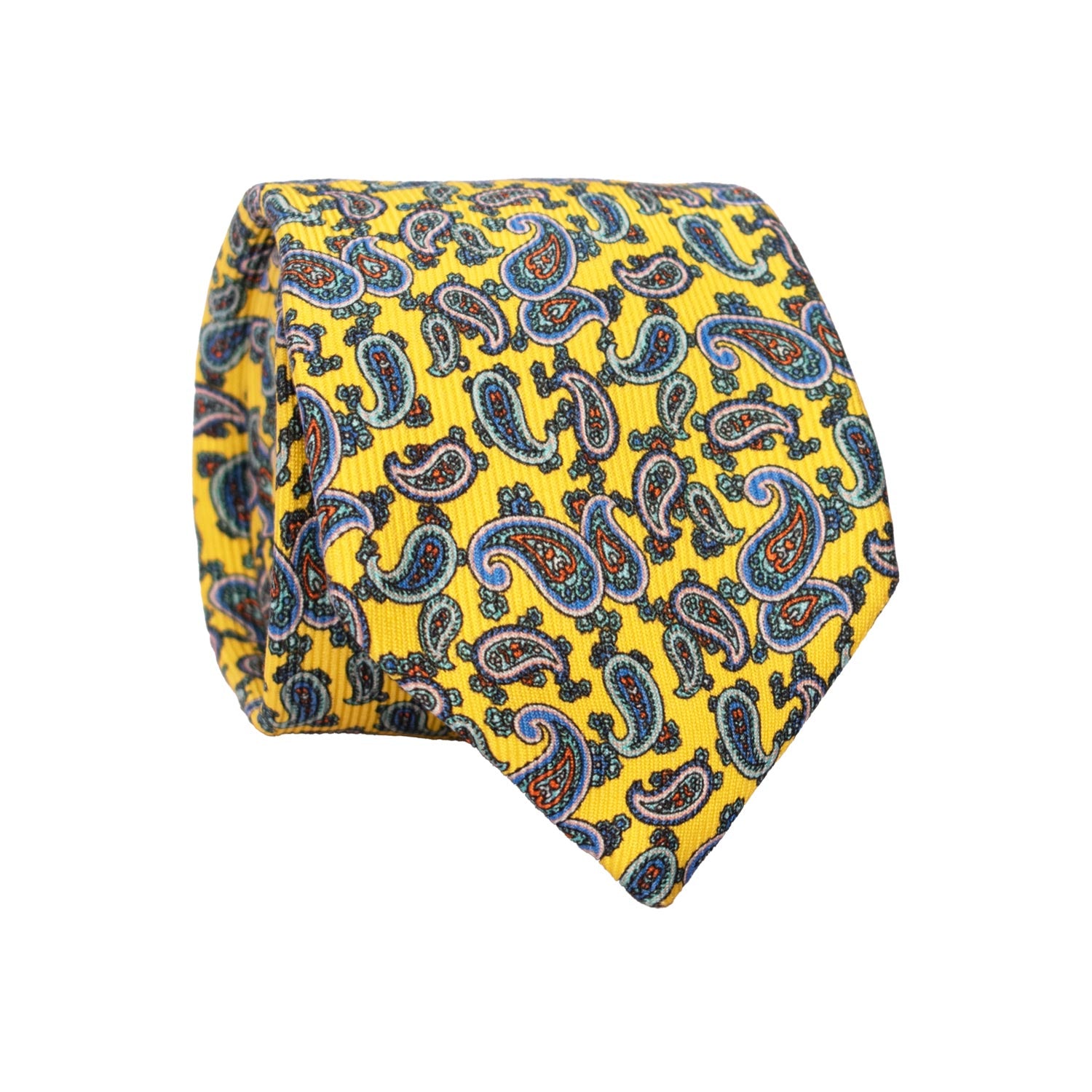 Cravatta in Saia di Seta Giallo Fluo Paisley Multicolor SA8 Made in Italy Graffeo Cravatte Rotolo