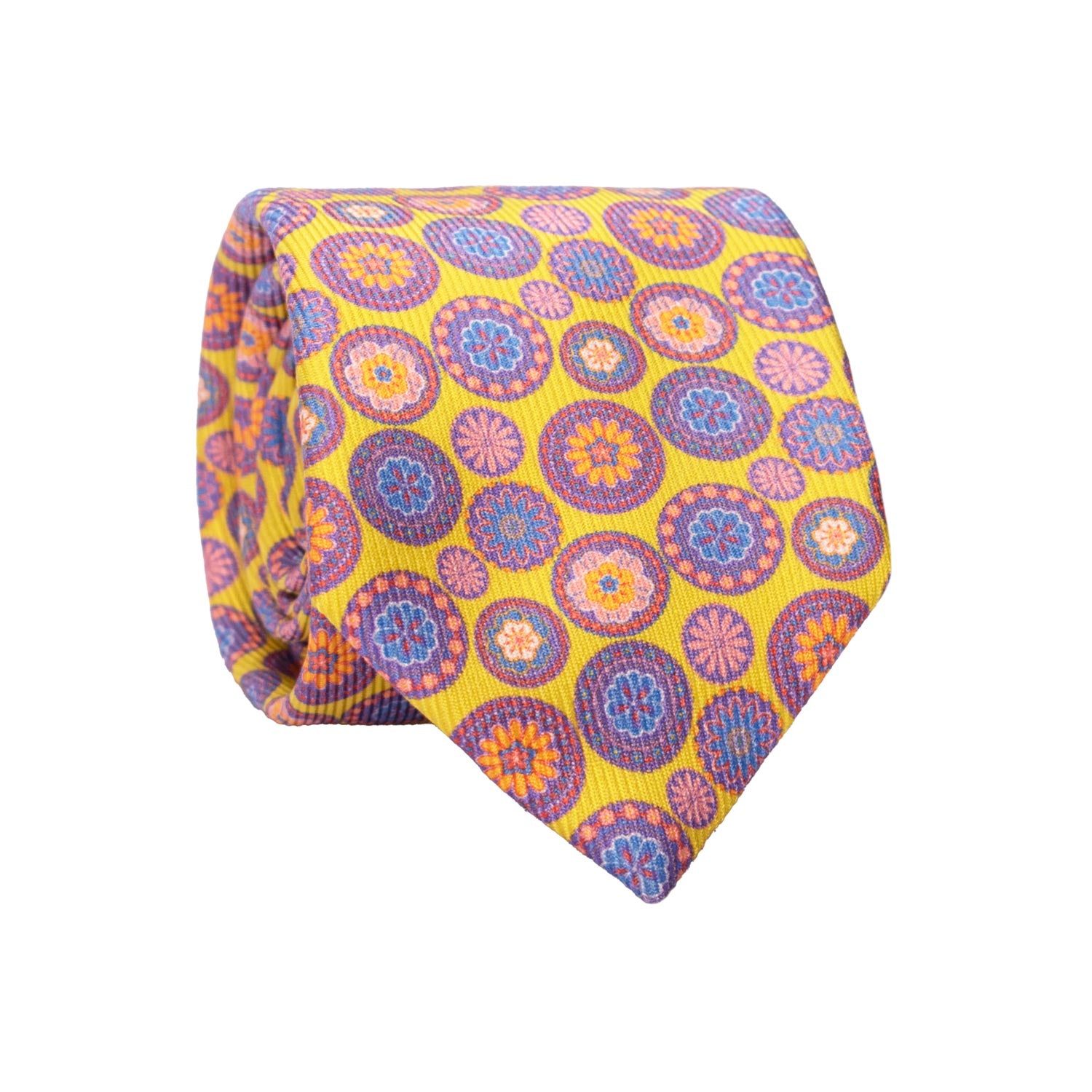Cravatta in Saia di Seta Giallo Fluo a Fiori Multicolor SA17 Made in Italy Graffeo Cravatte Rotolo