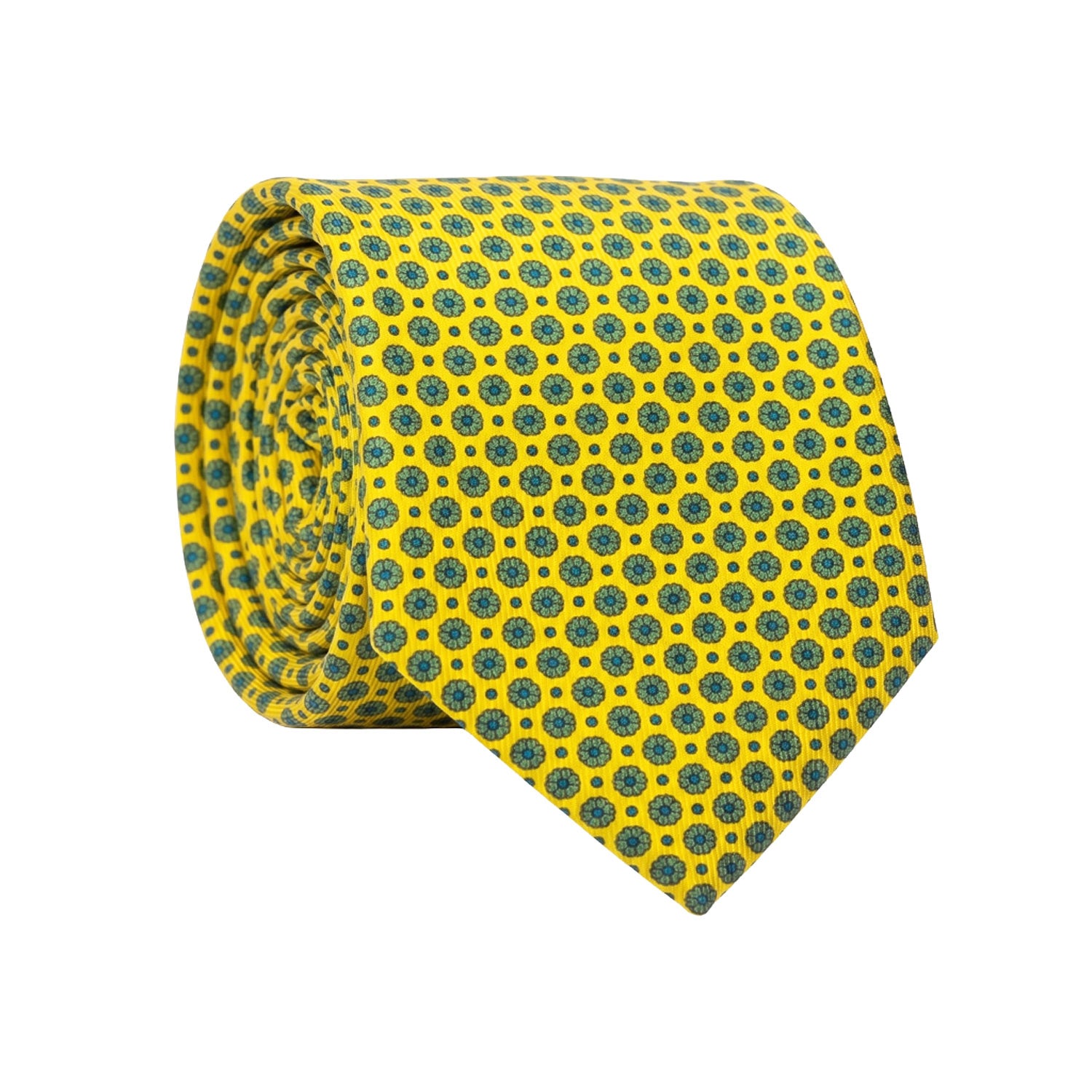Cravatta in Saia di Seta Giallo Fluo a Fiori Verdi Blu SA88 Made in Italy Graffeo Cravatte Rotolo