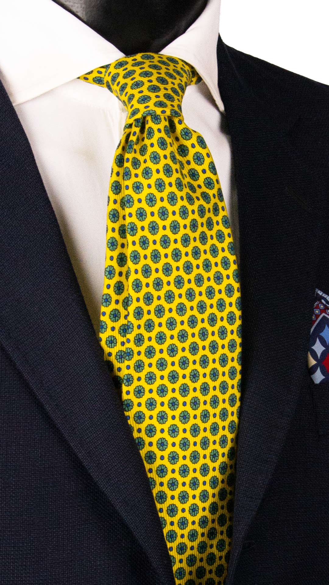Cravatta in Saia di Seta Giallo Fluo a Fiori Verdi Blu SA88 Made in Italy Graffeo Cravatte