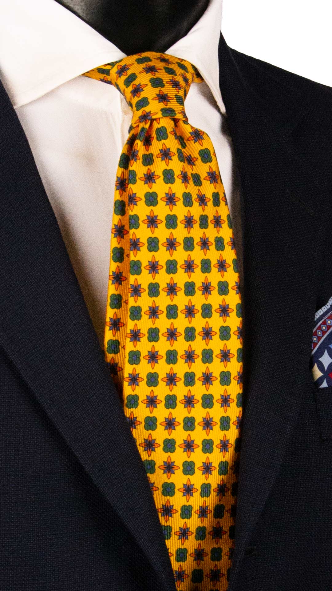 Cravatta in Saia di Seta Giallo Ocra Fantasia Arancione Verde Bluette SA56 Graffeo Cravatte Made in Italy