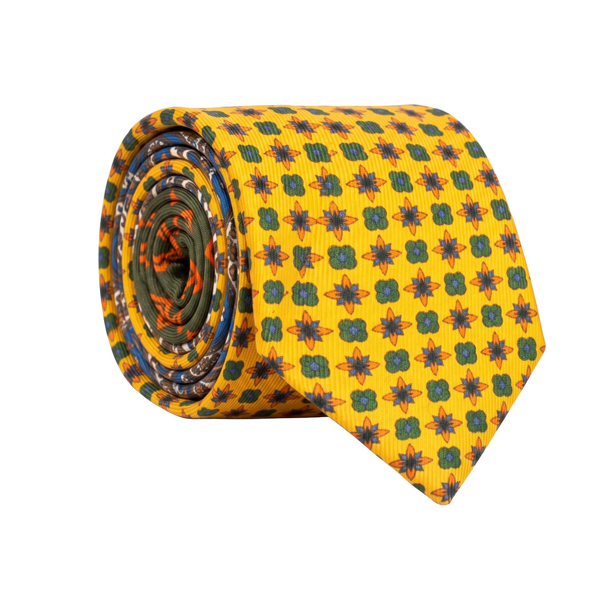 Cravatta in Saia di Seta Giallo Ocra Fantasia Verde Arancione Indaco Nodo in Contrasto Verde Oliva Fantasia Arancione N3488 Made in Italy Graffeo Cravatte Rotolo