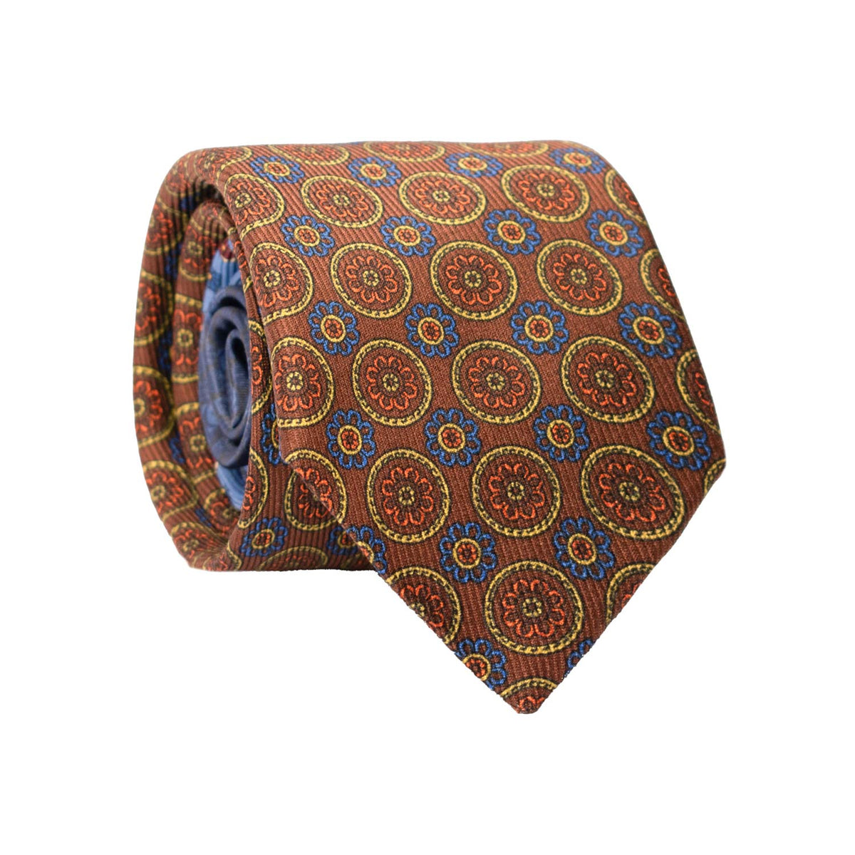 Cravatta in Saia di Seta Marrone Fantasia Multicolor Nodo in Contrasto Azzurro Fantasia Bordeaux Celeste Giallo Crema N3481 Made in Italy Graffeo Cravatte Rotolo