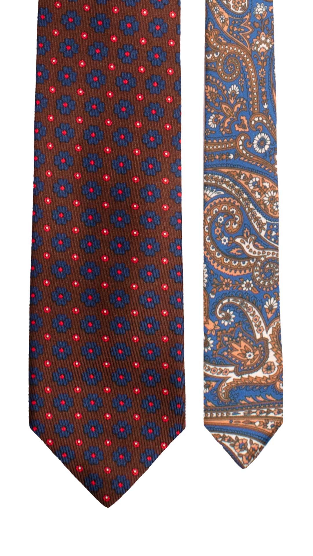 Cravatta in Saia di Seta Marrone a Fiori Rossi Blu Bianchi Nodo in Contrasto Giallo Paisley Multicolor N3465 Made in Italy Graffeo Cravatte Pala
