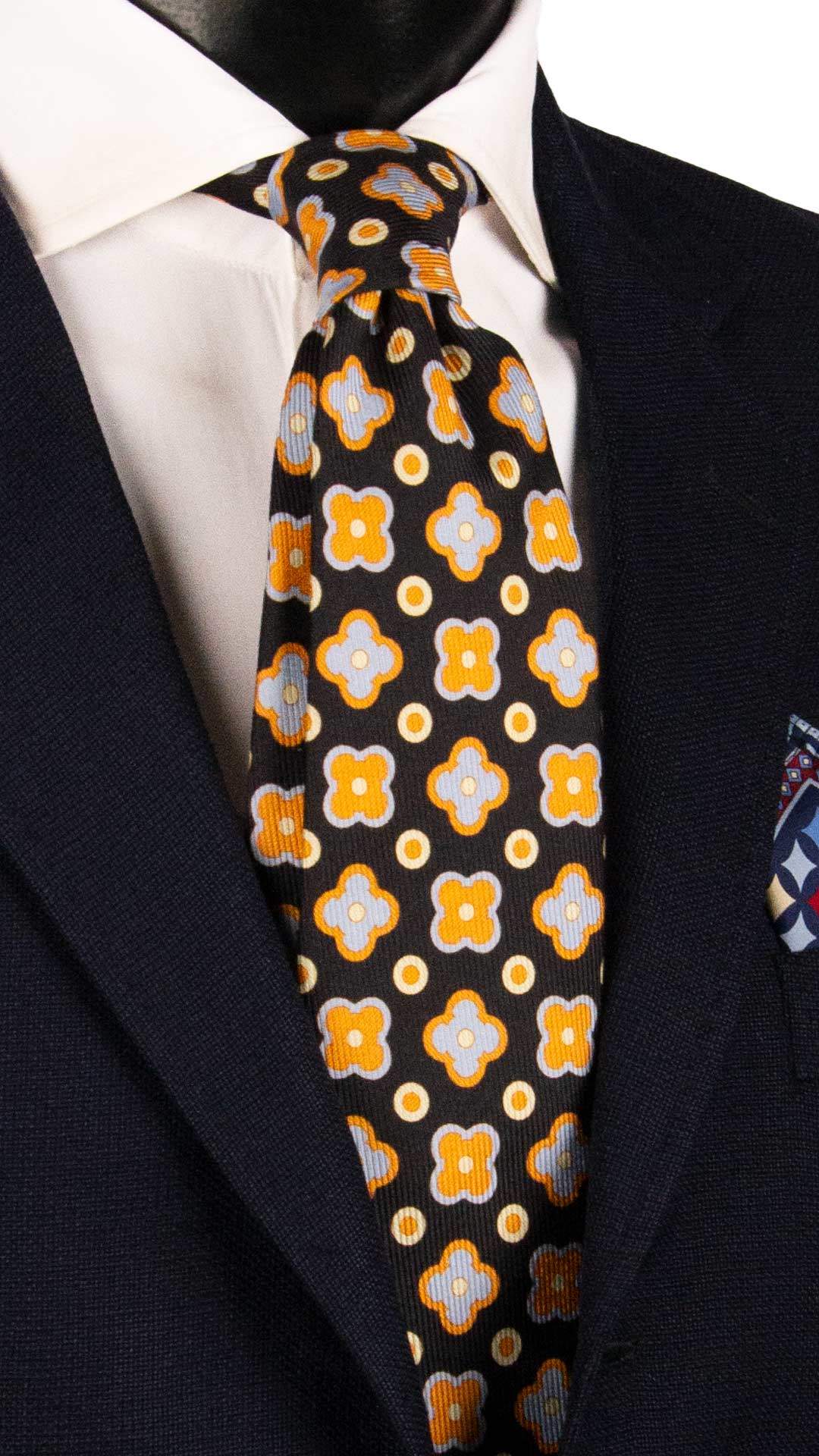 Cravatta in Saia di Seta Nera Fantasia Arancione Azzurro Giallo Crema SA42 Made in Italy Graffeo Cravatte