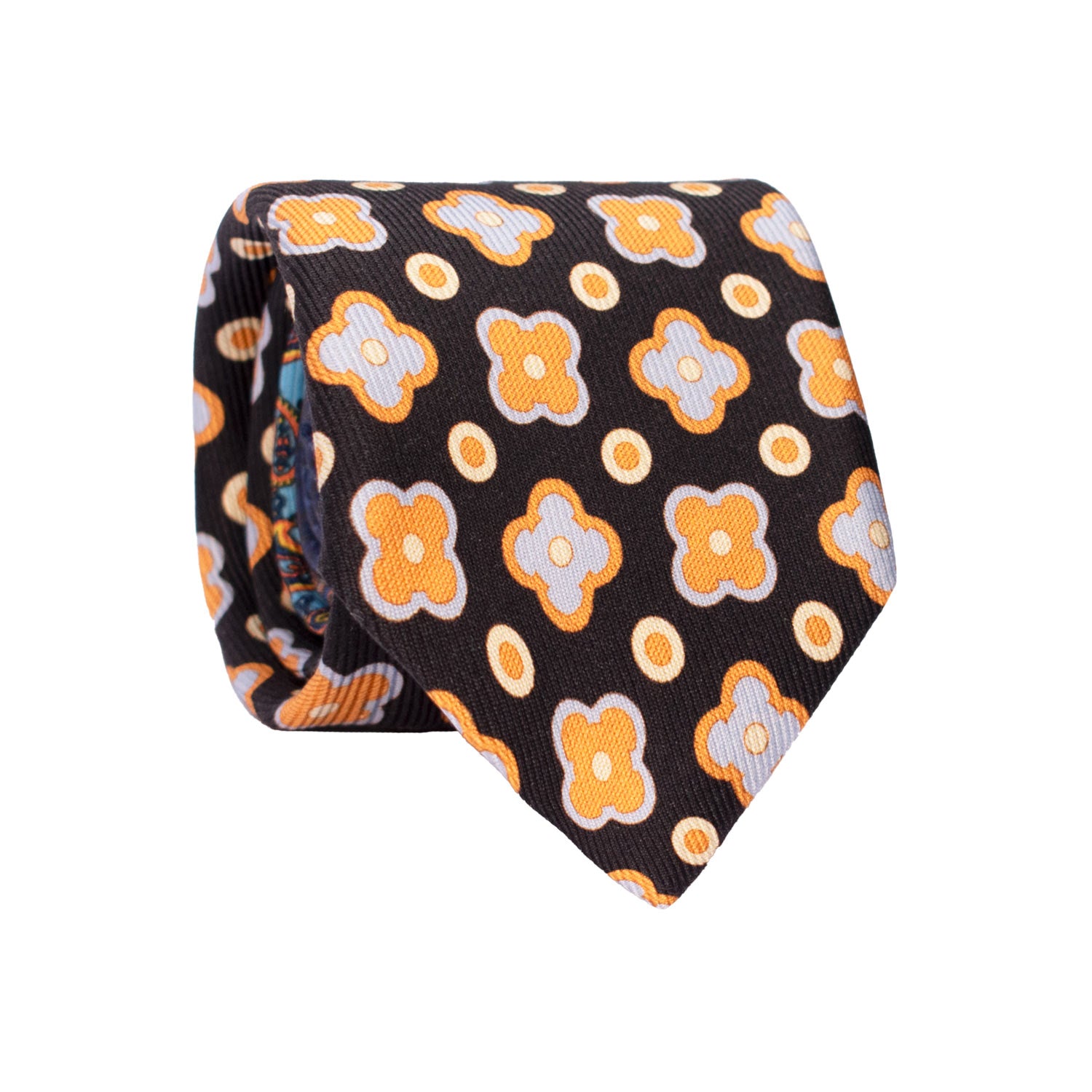 Cravatta in Saia di Seta Nera Fantasia Arancione Azzurro Polvere Giallo Crema Nodo in Contrasto Azzurro Paisley Multicolor N3246 Made in Italy Graffeo Cravatte Rotolo