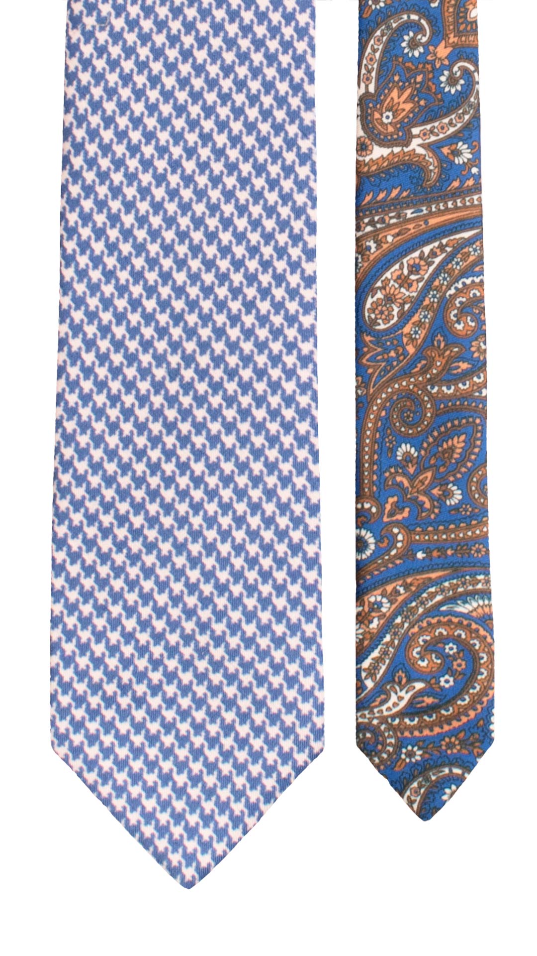 Cravatta in Saia di Seta Pied de Poule Bianco Azzurro Nodo in Contrasto Marrone Paisley Multicolor N3251 Made in Italy Graffeo Cravatte Pala