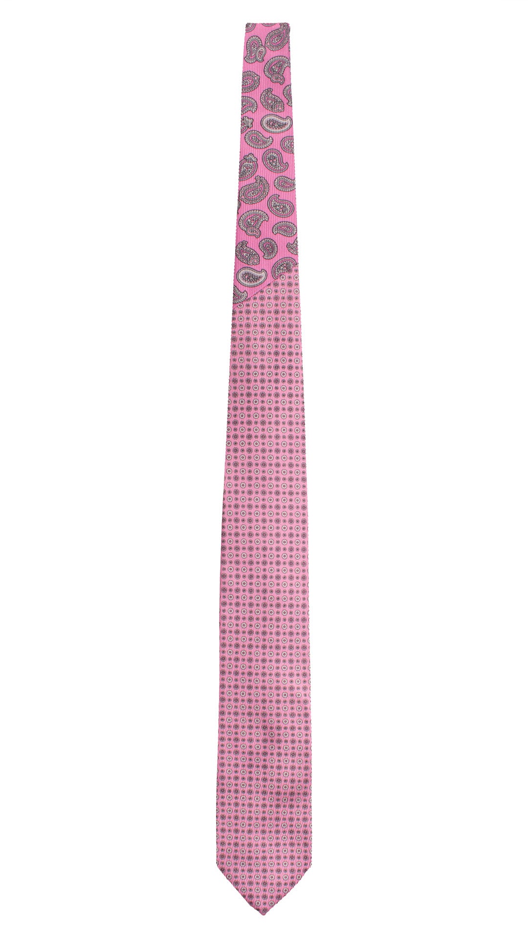Cravatta in Saia di Seta Rosa Fantasia Bianco Rosa Nodo in Contrasto Tono su Tono Paisley Grigio Rosa N3395 Made in Italy Graffeo Cravatte Intera