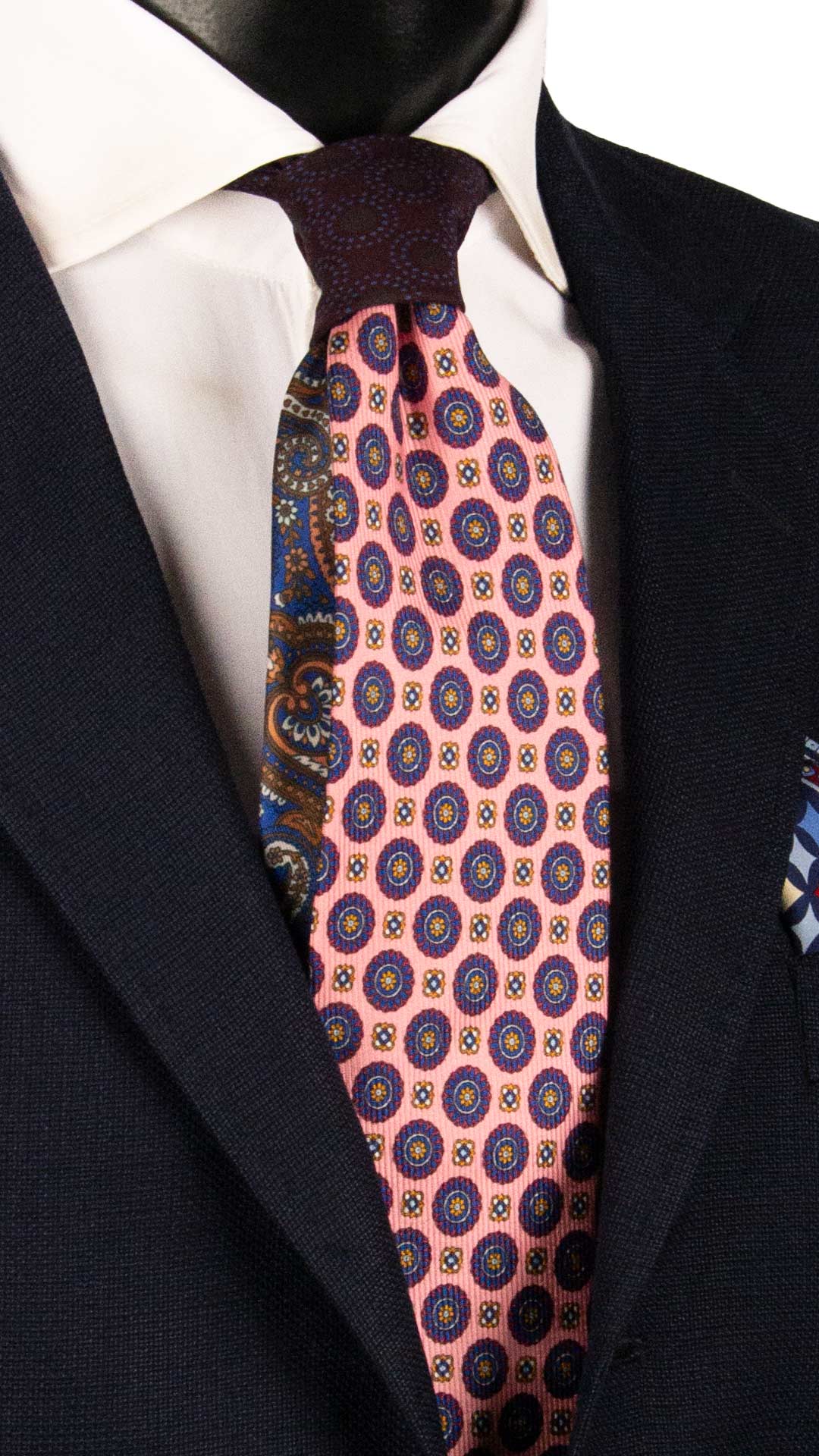 Cravatta in Saia di Seta Rosa Fantasia Blu Arancione Rosso Nodo in Contrasto Color Melanzana Verde Scuro Bluette N3248 Made in Italy Graffeo Cravatte