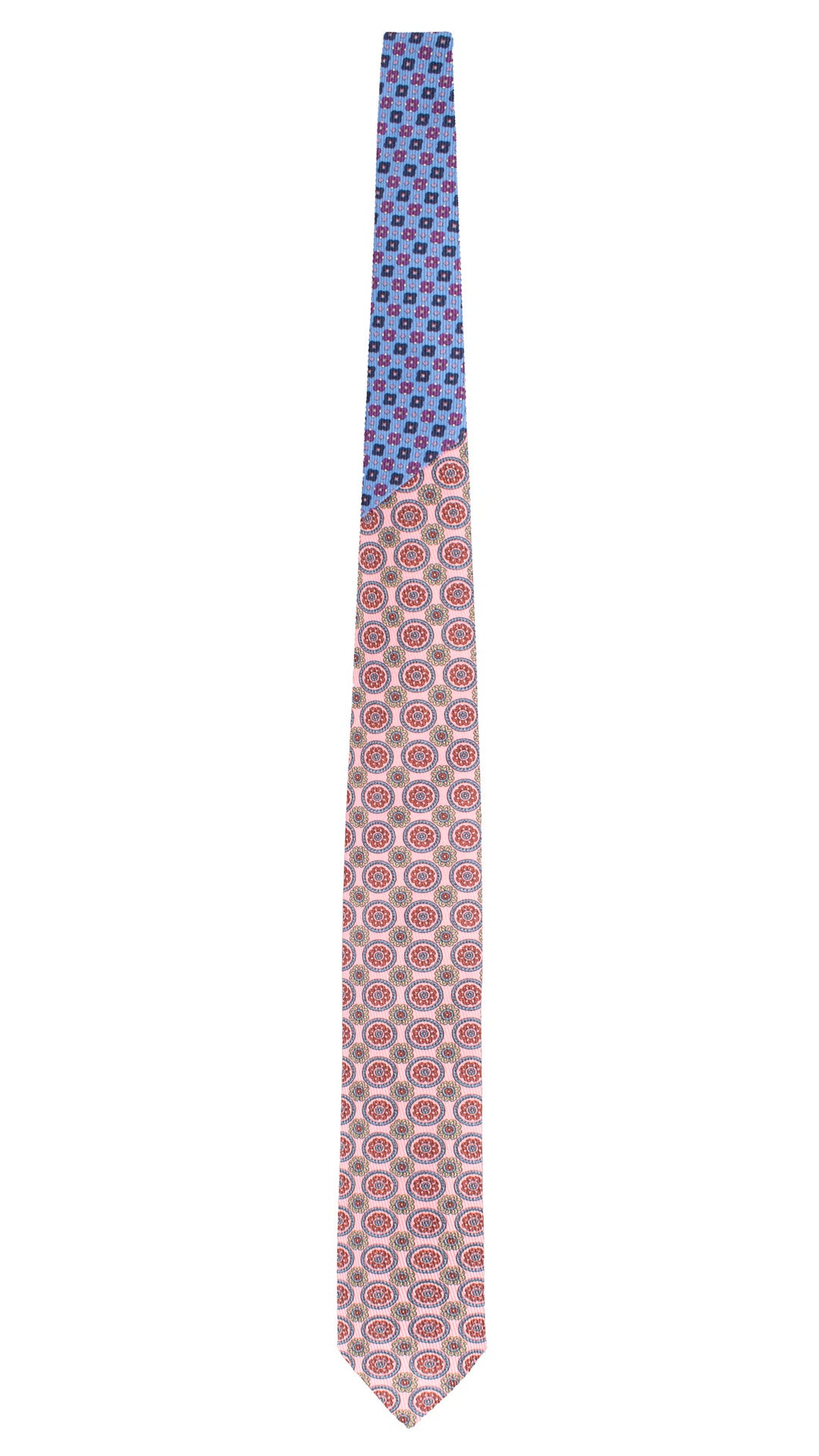Cravatta in Saia di Seta Rosa Fantasia Celeste Arancione Nodo in Contrasto Bluette Fantasia Viola Blu Bianco N3484 Made in Italy Graffeo Cravatte Intera