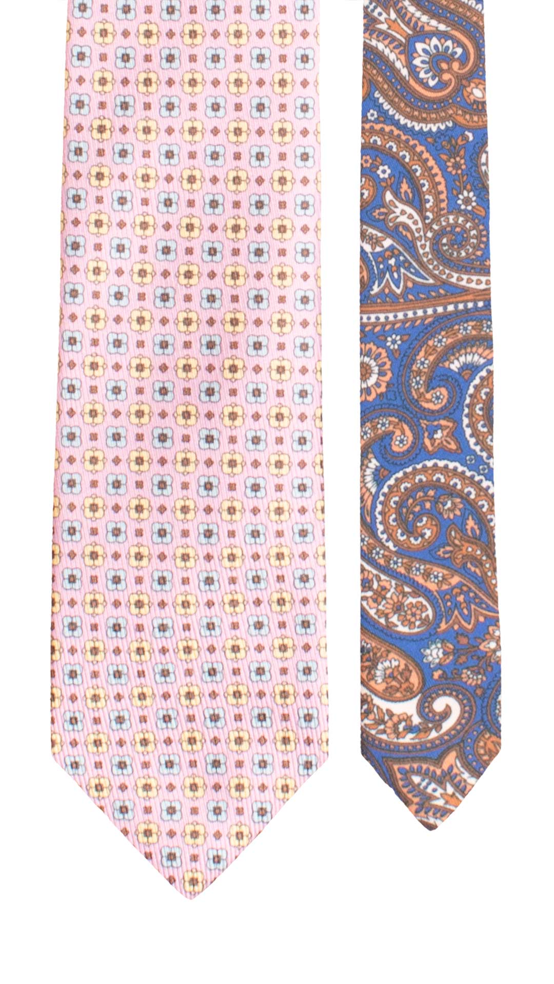 Cravatta in Saia di Seta Rosa Fantasia Celeste Giallo Marrone Nodo in Contrasto Bluette Fantasia Multicolor 3502 Made in Italy Graffeo Cravatte Pala