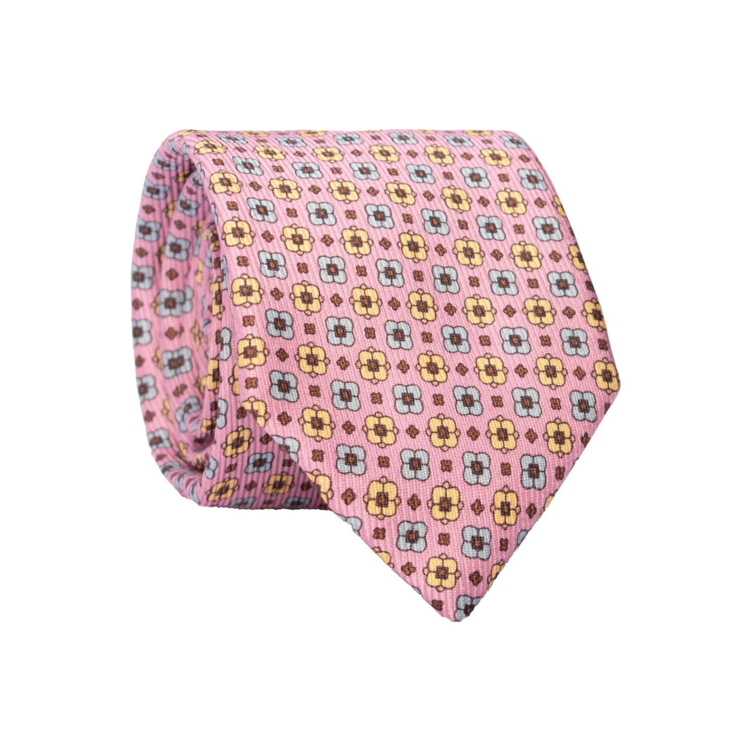 Cravatta in Saia di Seta Rosa Fantasia Celeste Giallo Marrone SA2 Made in Italy Graffeo Cravatte Rotolo