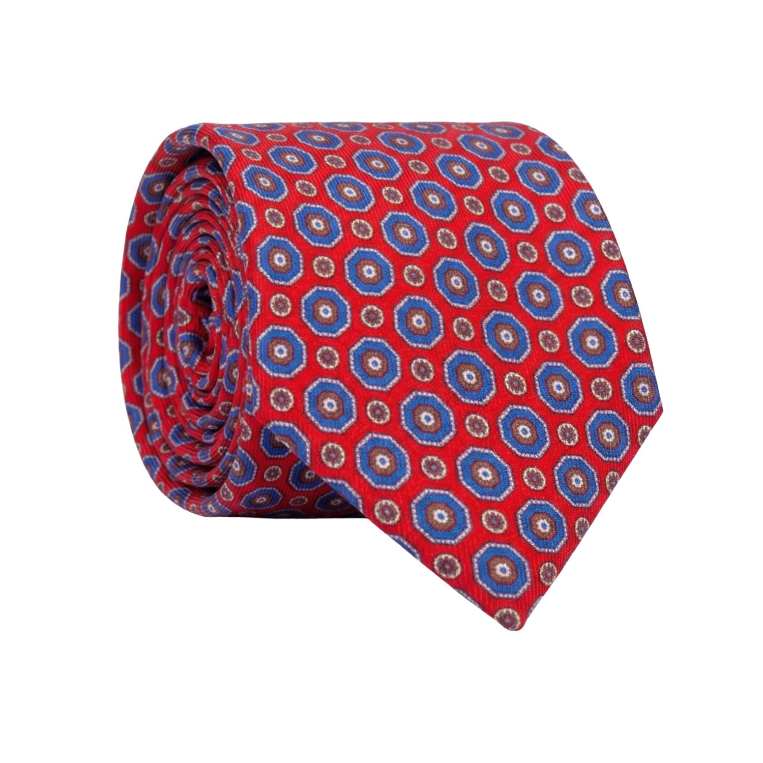 Cravatta in Saia di Seta Rossa Fantasia Bluette Marrone Azzurro Polvere SA77 Rotolo Made in Italy Graffeo Cravatte