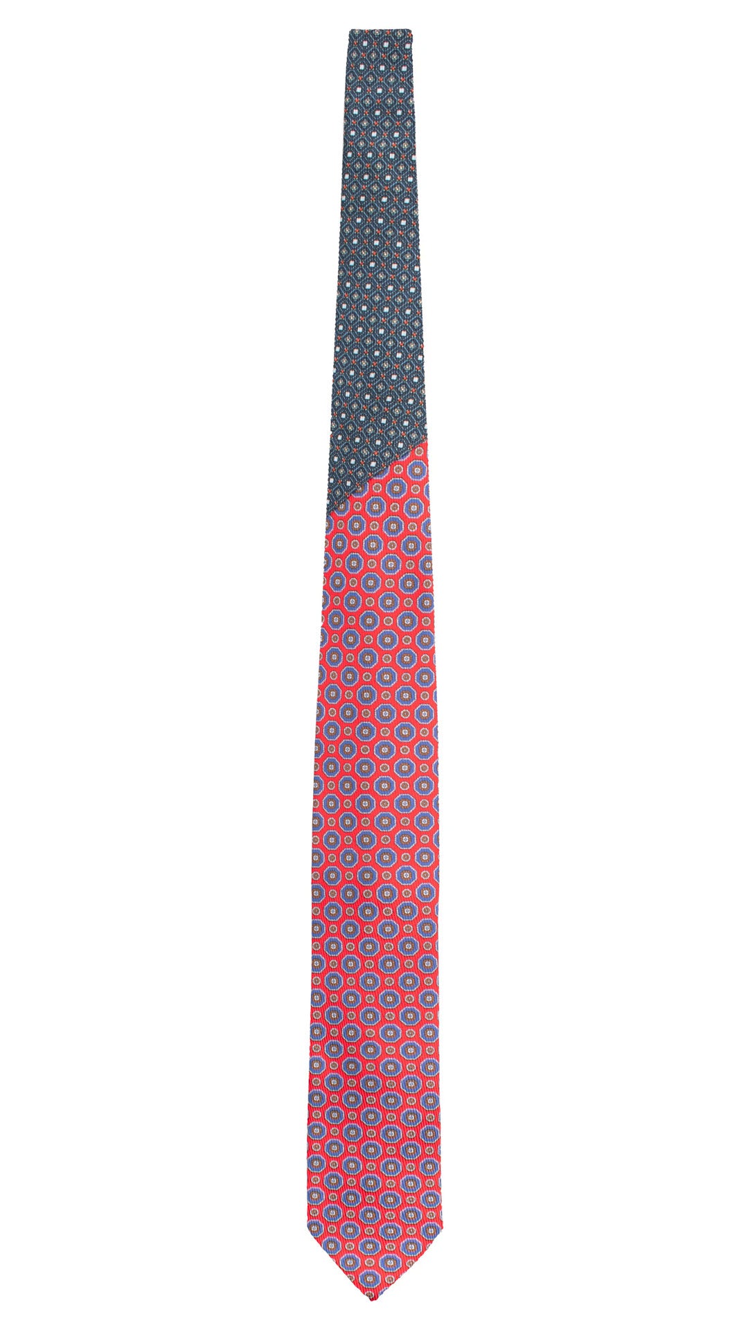 Cravatta in Saia di Seta Rossa Fantasia Indaco Marrone Celeste Nodo in Contrasto Fantasia Multicolor N3474 Made in Italy Graffeo Cravatte Intera