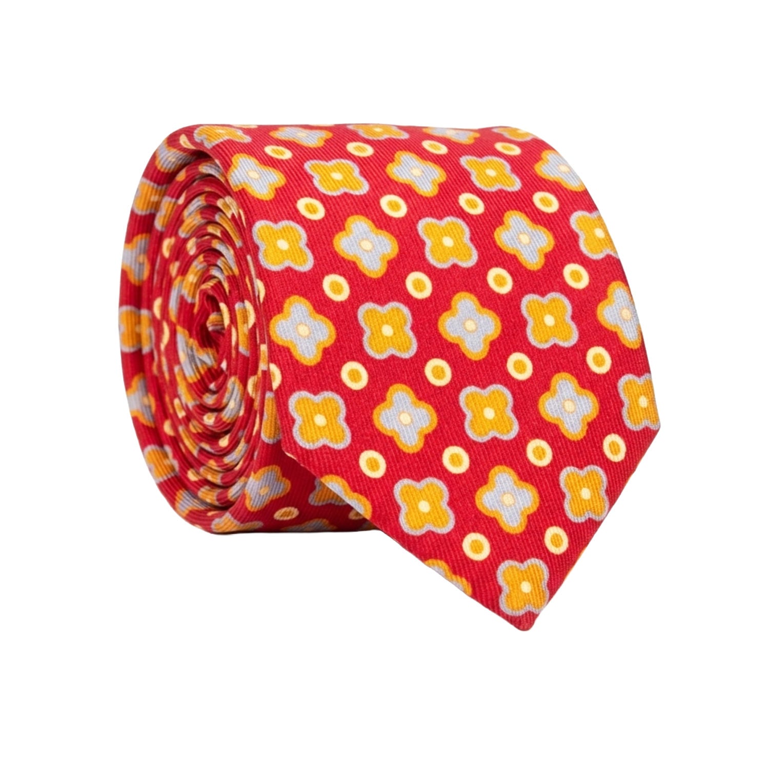 Cravatta in Saia di Seta Rosso Corallo Fantasia Arancione Azzurro Giallo Crema SA44 Made in Italy Graffeo Cravatte Rotolo