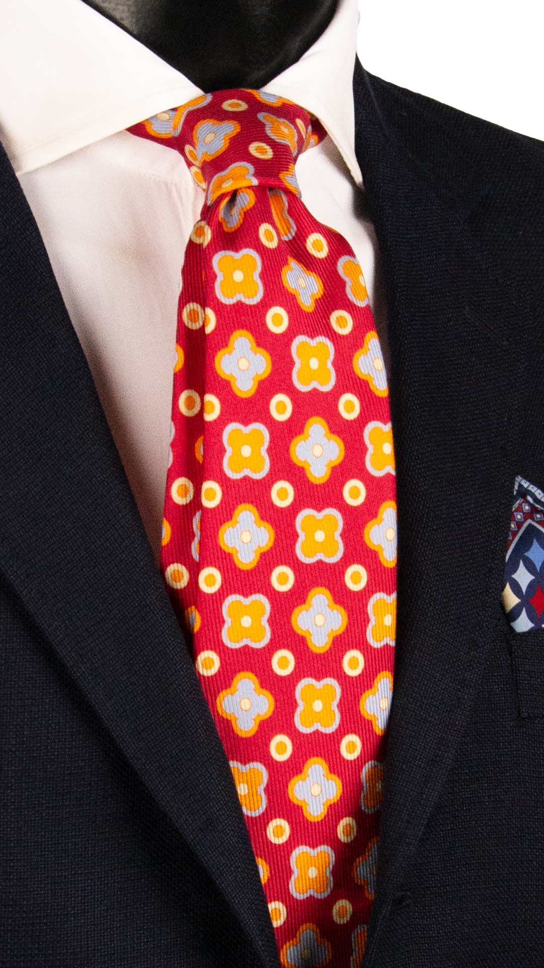 Cravatta in Saia di Seta Rosso Corallo Fantasia Arancione Azzurro Giallo Crema SA44 Made in Italy Graffeo Cravatte