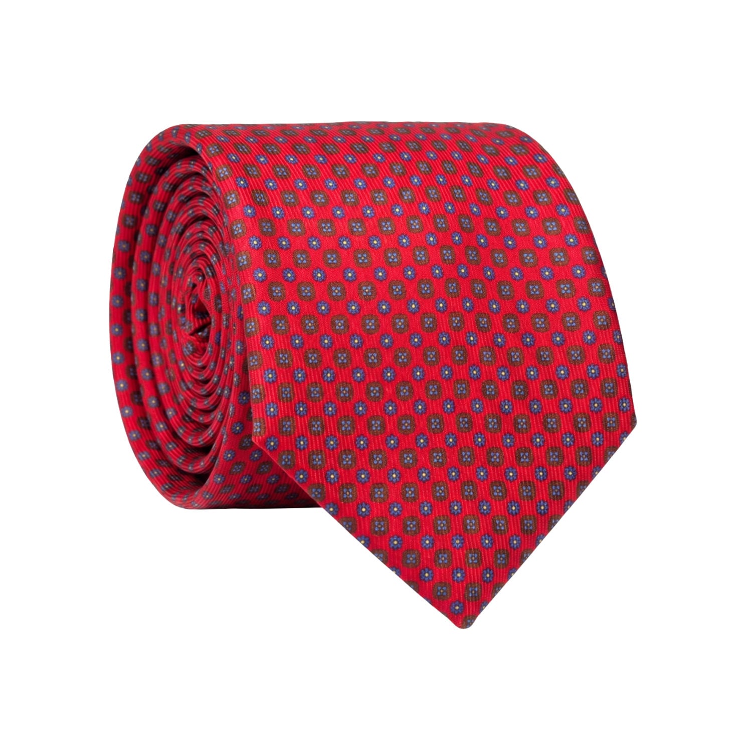 Cravatta in Saia di Seta Rosso Corallo a Fiori Blu Marrone Gialli SA85 Made in Italy Graffeo Cravatte Rotolo