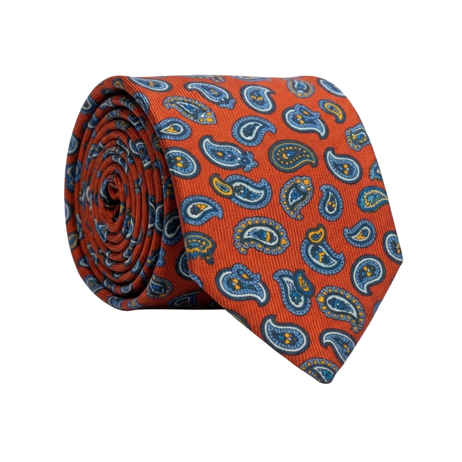 Cravatta in Saia di Seta Rosso Mattone Paisley Celeste Blu Giallo SA40 Made in Italy Graffeo Cravatte Rotolo