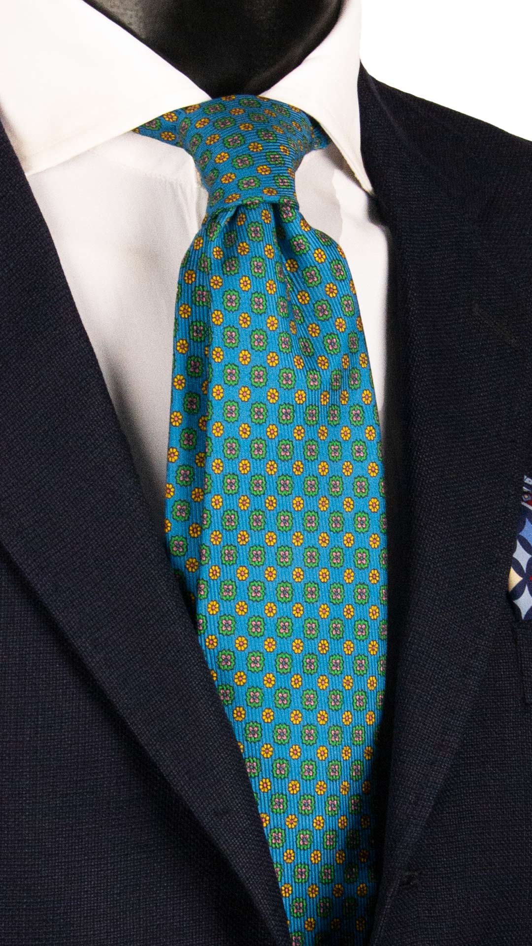 Cravatta in Saia di Seta Turchese a Fiori Verdi Gialli Lilla SA81 Made in Italy Graffeo Cravatte