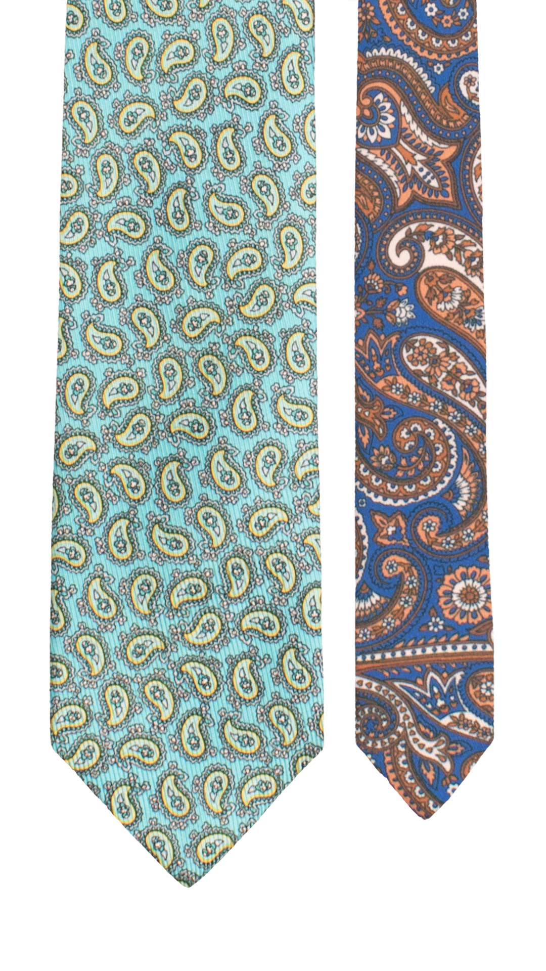 Cravatta in Saia di Seta Verde Acqua Paisley Grigio Giallo Nodo in Contrasto Arancione Paisley Multicolor N3489 Made in Italy Graffeo Cravatte Pala