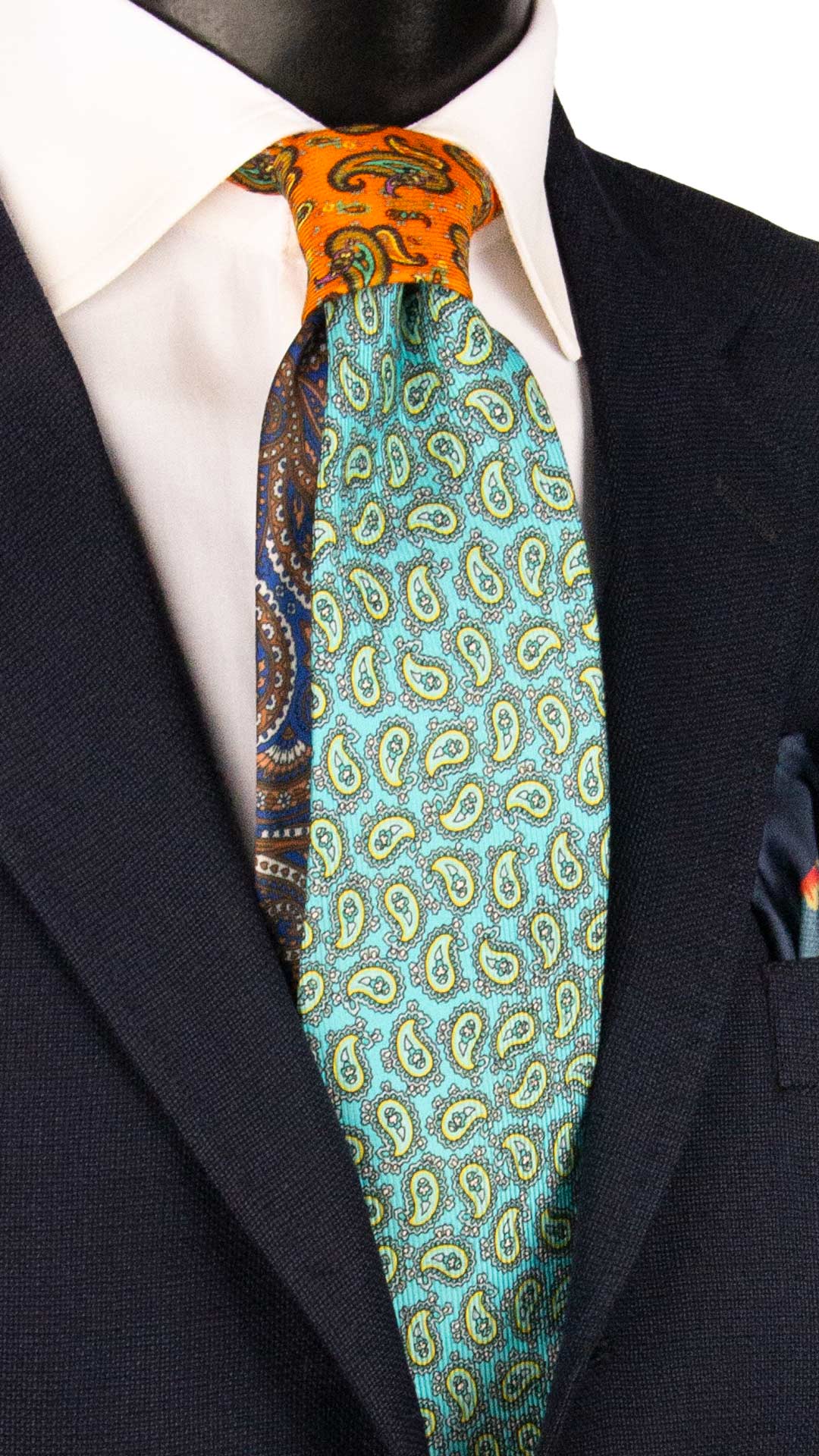 Cravatta in Saia di Seta Verde Acqua Paisley Grigio Giallo Nodo in Contrasto Arancione Paisley Multicolor N3489 Made in Italy Graffeo Cravatte