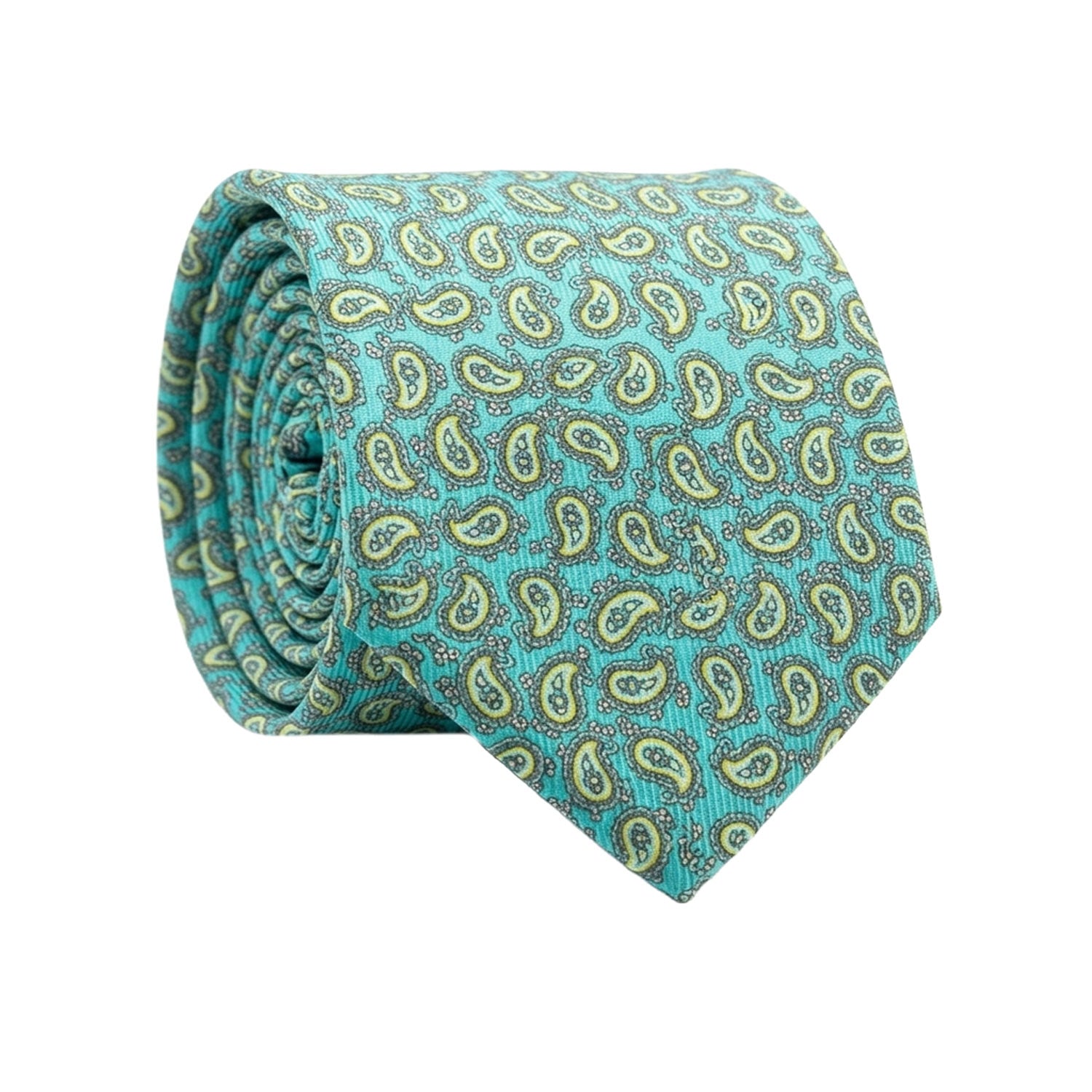 Cravatta in Saia di Seta Verde Acqua Paisley Grigio Giallo SA24 Made in Italy Graffeo Cravatte Rotolo