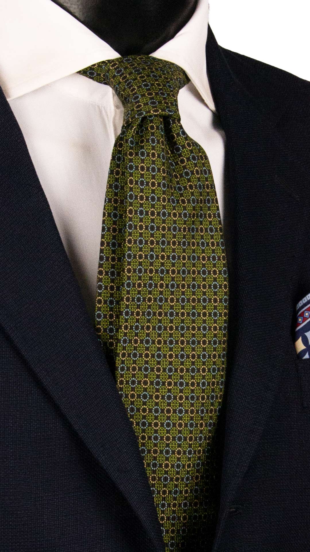 Cravatta in Saia di Seta Verde Bottiglia Fantasia Celeste Giallo Verde SA106 Made in Italy Graffeo Cravatte
