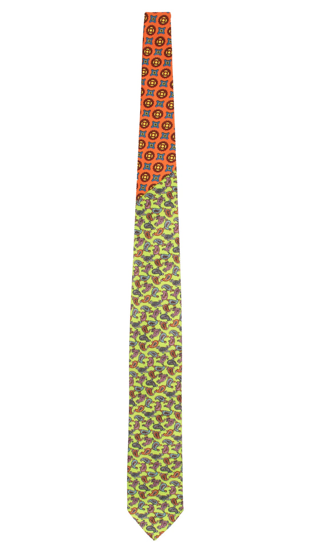 Cravatta in Saia di Seta Verde Fluo Paisley Multicolor Nodo in Contrasto Arancione Fantasia Multicolor N3487 Made in Italy Graffeo Cravatte Intera