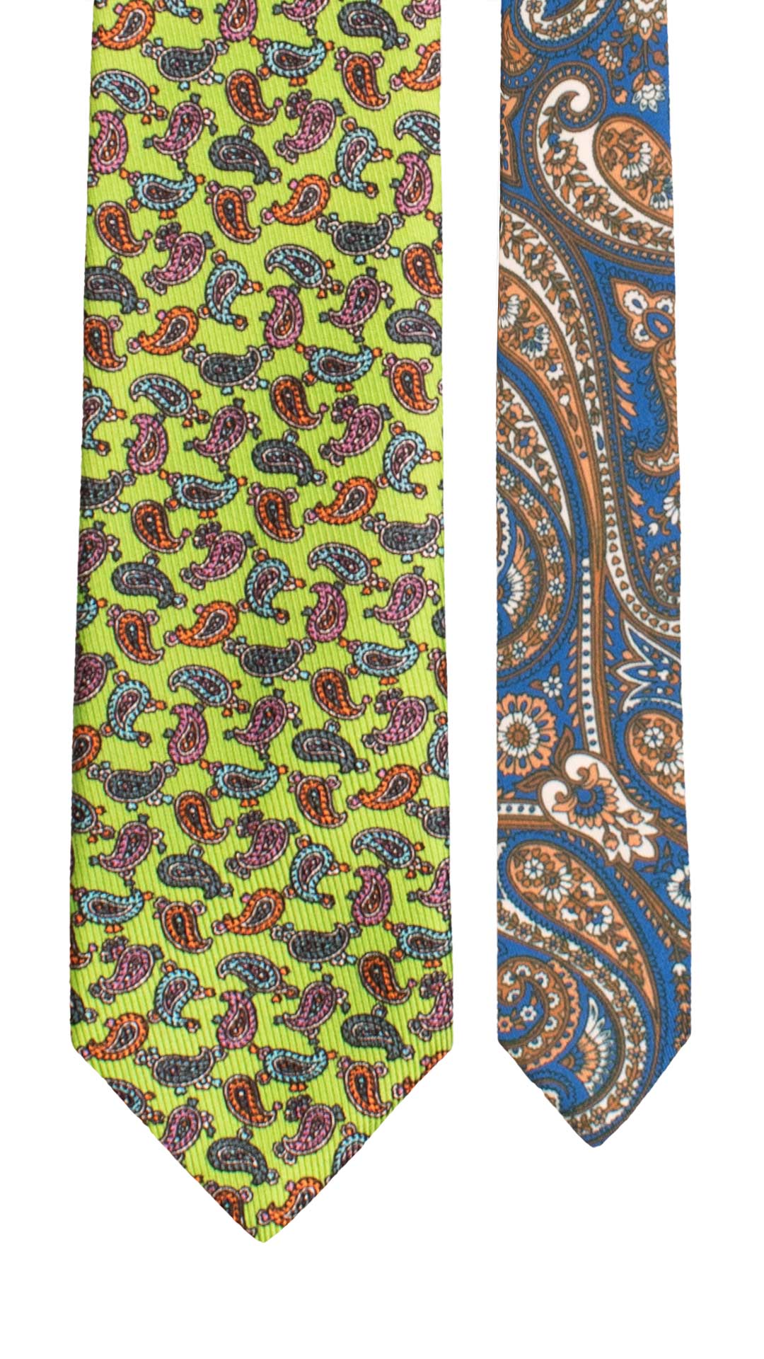 Cravatta in Saia di Seta Verde Fluo Paisley Multicolor Nodo in Contrasto Arancione Fantasia Multicolor N3487 Made in Italy Graffeo Cravatte Pala