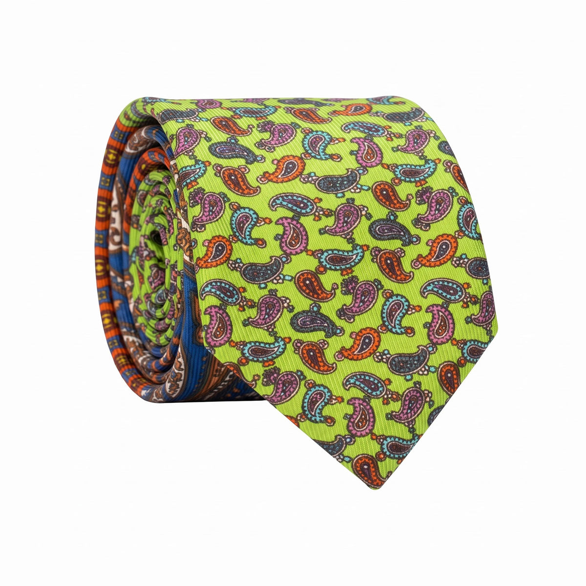 Cravatta in Saia di Seta Verde Fluo Paisley Multicolor Nodo in Contrasto Arancione Fantasia Multicolor N3487 Made in Italy Graffeo Cravatte Rotolo