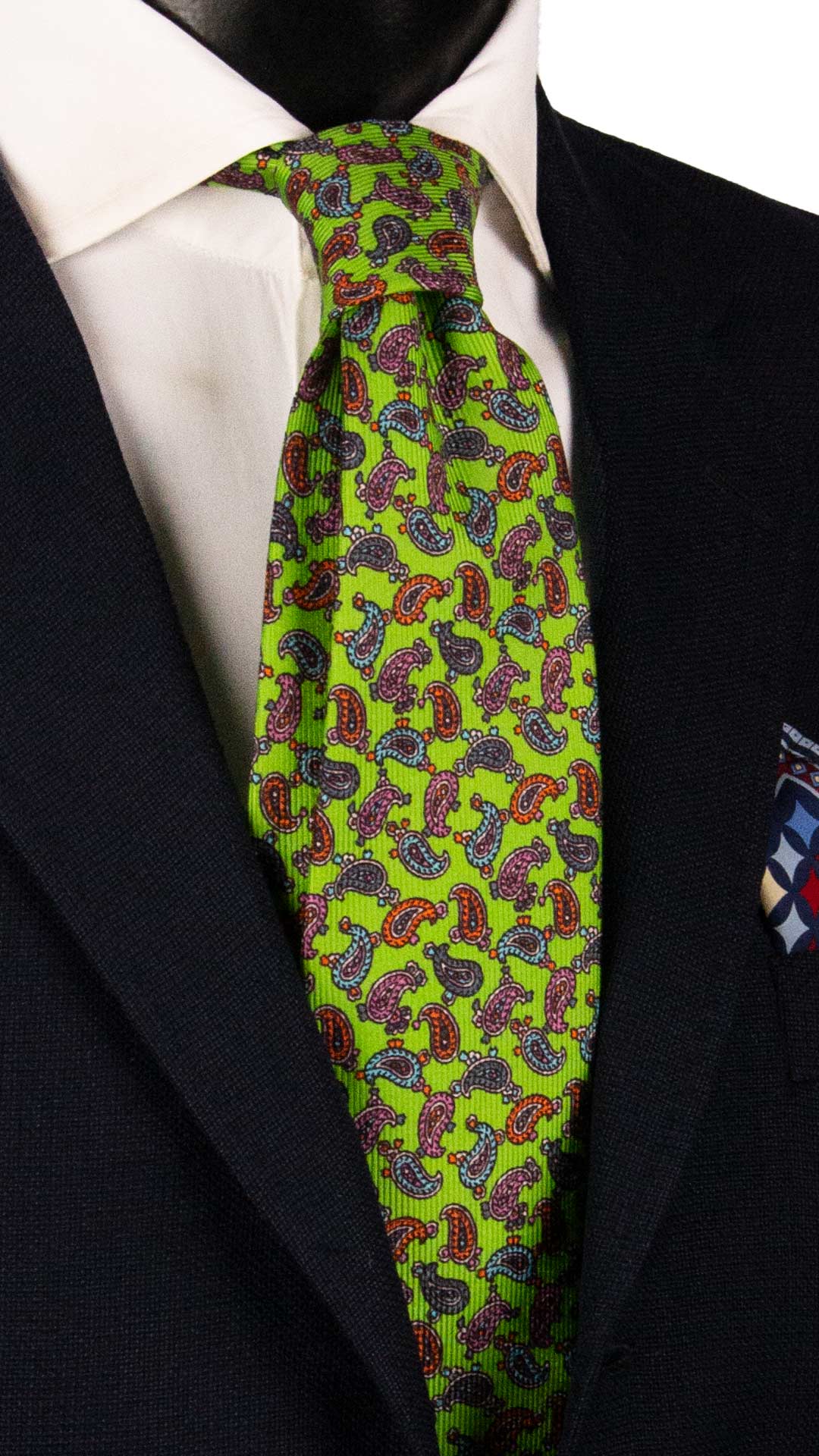 Cravatta in Saia di Seta Verde Fluo Paisley Multicolor SA32 Made in Italy Graffeo Cravatte