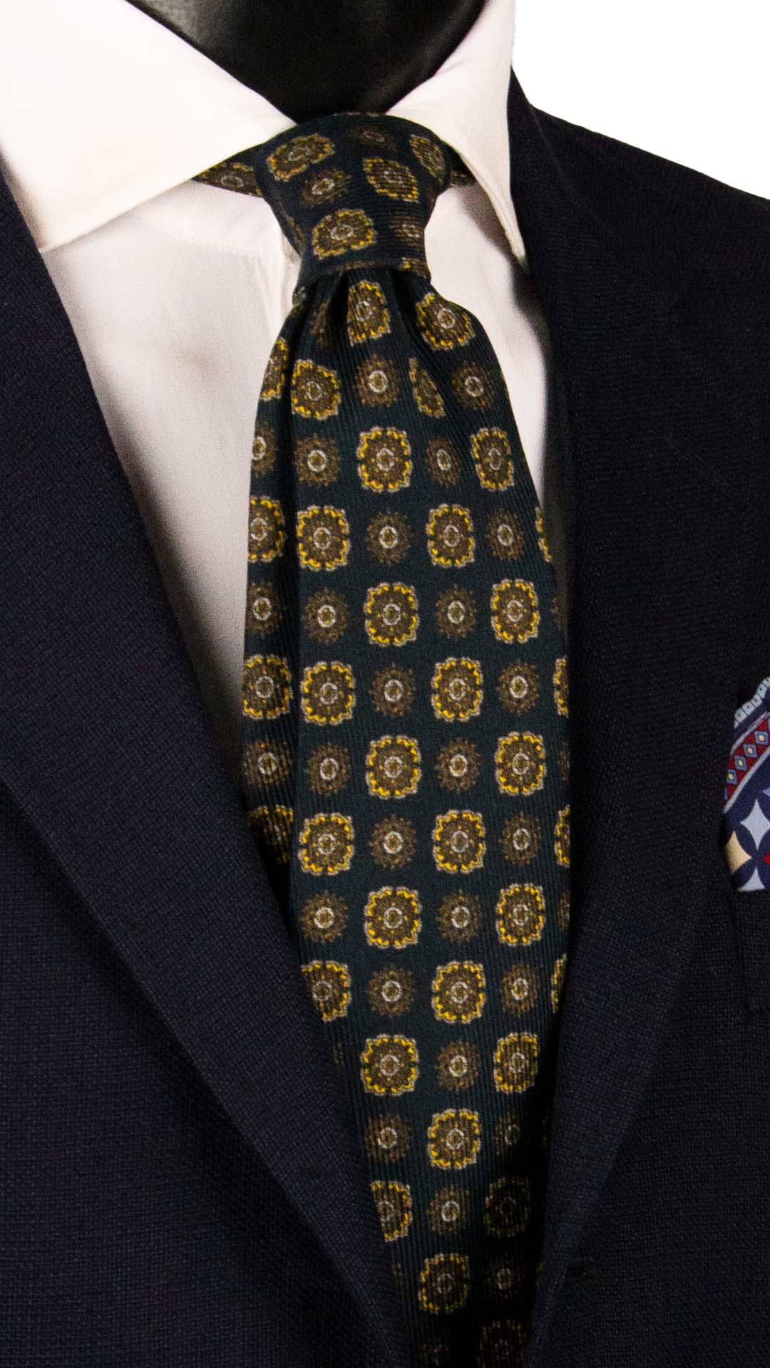 Cravatta in Saia di Seta Verde Petrolio Fantasia Giallo Bianco SA54 Graffeo Cravatte Made in Italy