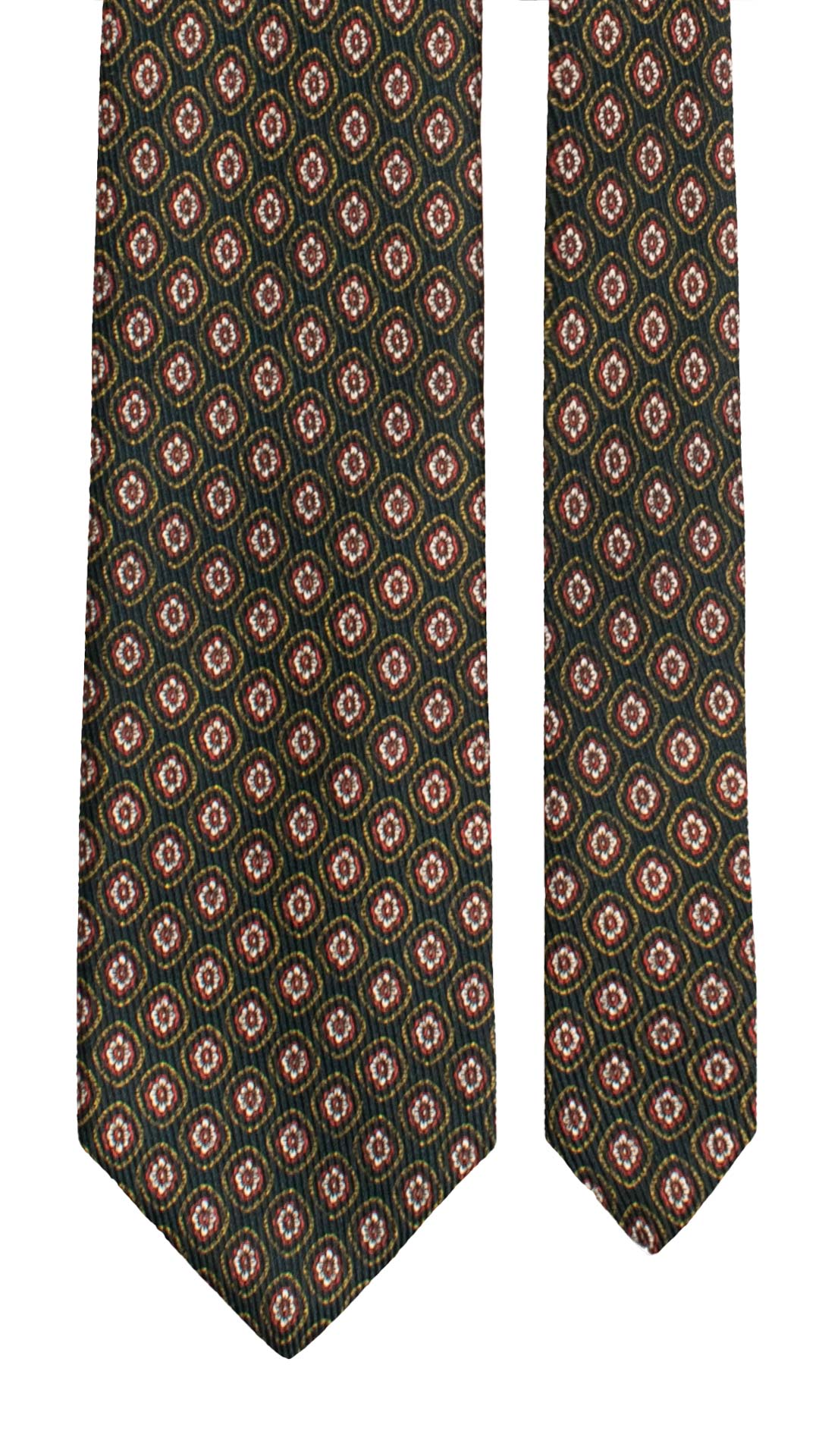 Cravatta in Saia di Seta Verde Scuro Fantasia Gialla Bianca Rosso Corallo SA105 Made in Italy Graffeo Cravatte Pala