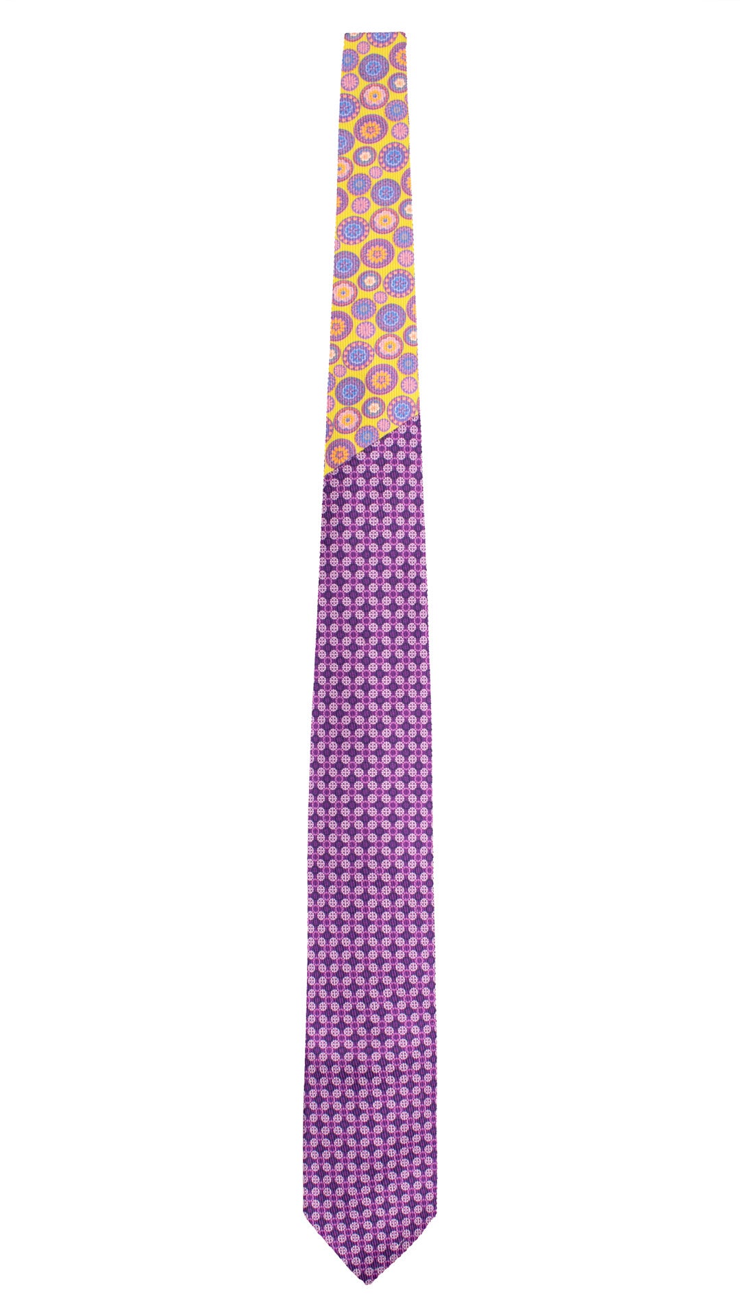 Cravatta in Saia di Seta Viola Fantasia Rosa Bianca Blu Nodo in Contrasto Giallo Fantasia Multicolor N3453 Made in Italy Graffeo Cravatte Intera