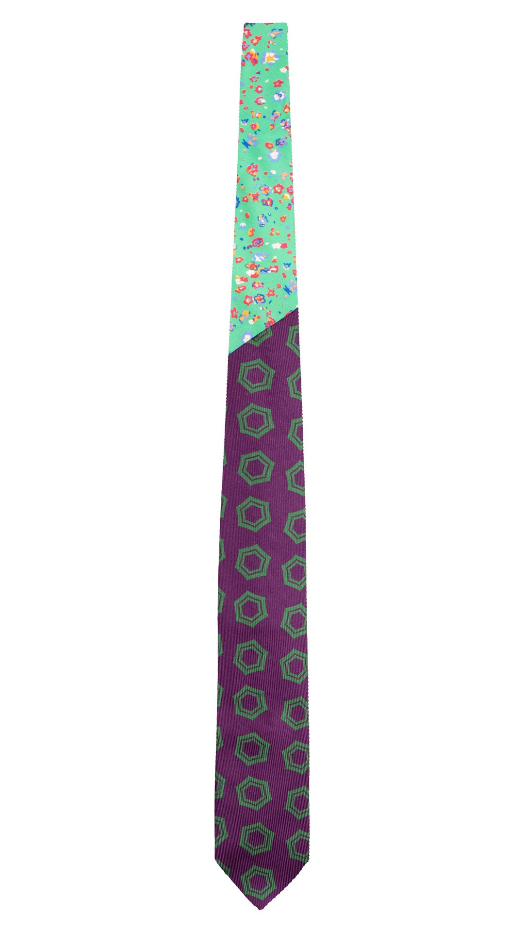 Cravatta in Saia di Seta Viola Fantasia Verde Nodo in Contrasto Verde Fantasia Multicolor N3455 Made in Italy Graffeo Cravatte Intera