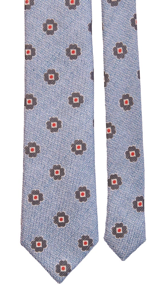 Cravatta in Seta Lino Celeste Fantasia Blu Rossa Grigia Argento AN6864 Pala