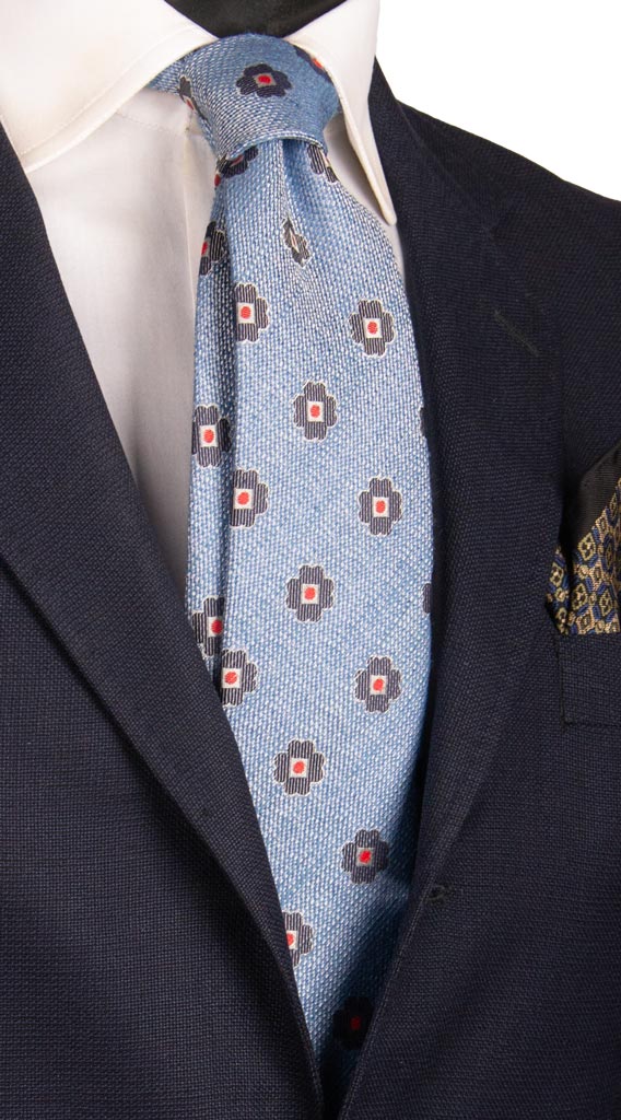 Cravatta in Seta Lino Celeste Fantasia Blu Rossa Grigia Argento AN6864 Made in Italy Graffeo Cravatte