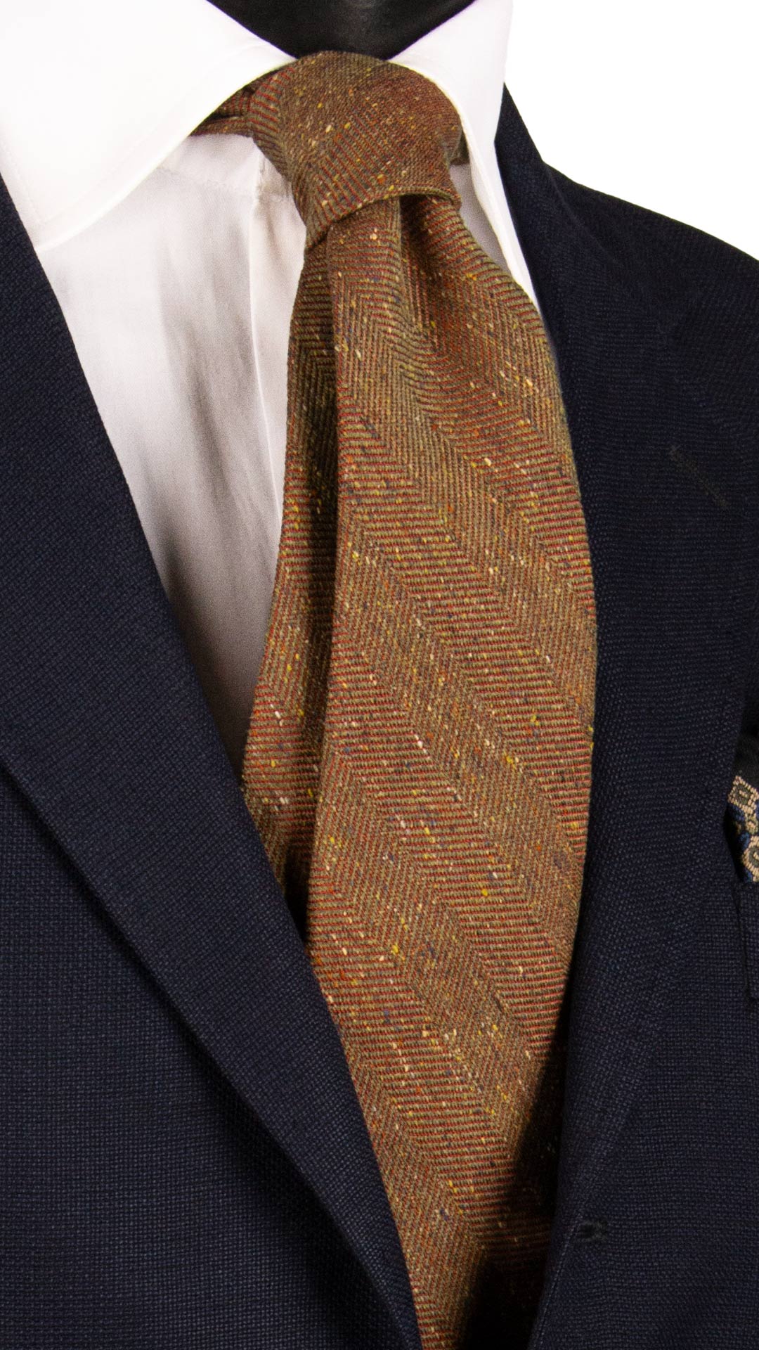 Cravatta-in-Seta-Lino-Marrone-Lisca-di-Pesce-Arancione-Effetto-Tweed-Multicolor-7114