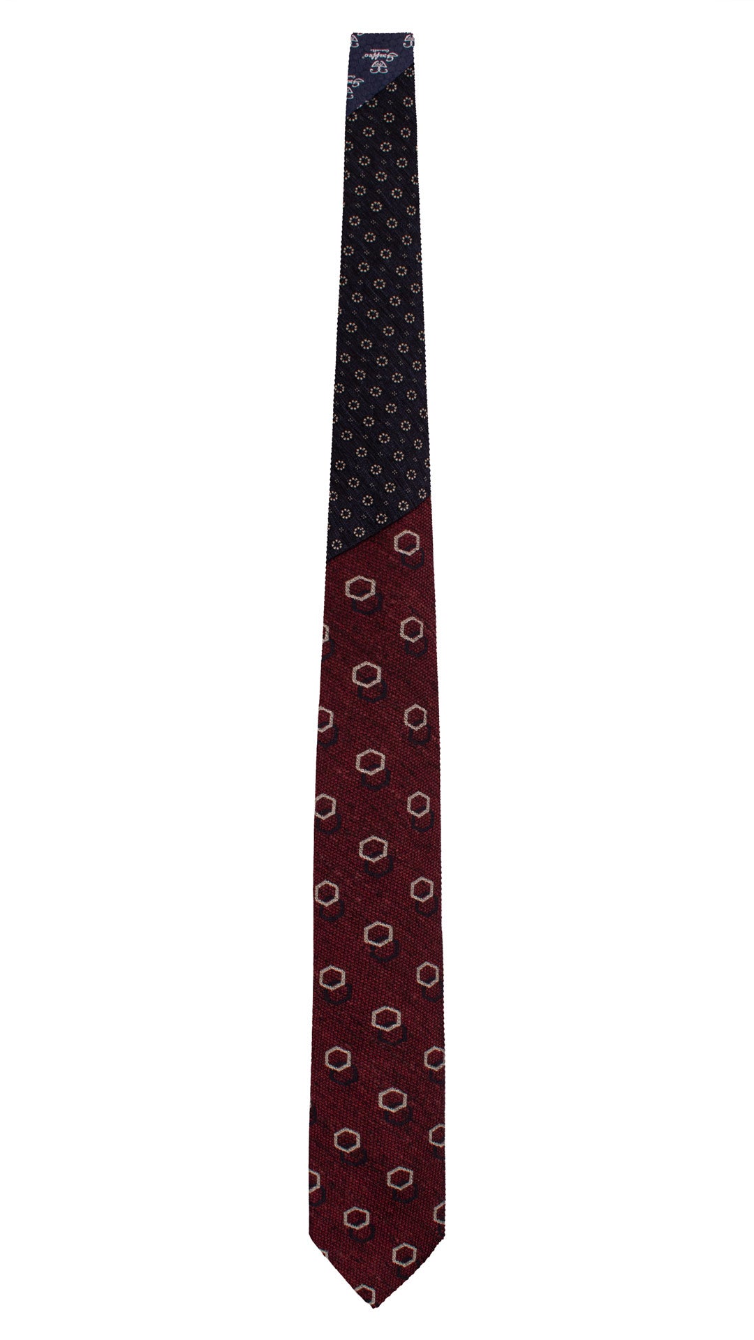 Cravatta in Seta Lino Rosso Bordeaux Fantasia Bianco Blu Notte Nodo in Contrasto Blu Notte Fantasia Bianco N3409 Made in Italy Graffeo Cravatte Intera