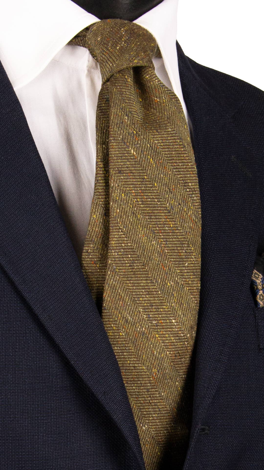 Cravatta-in-Seta-Lino-Verde-Oliva-Lisca-di-Pesce-Marrone-Effetto-Tweed-Multicolor-7113